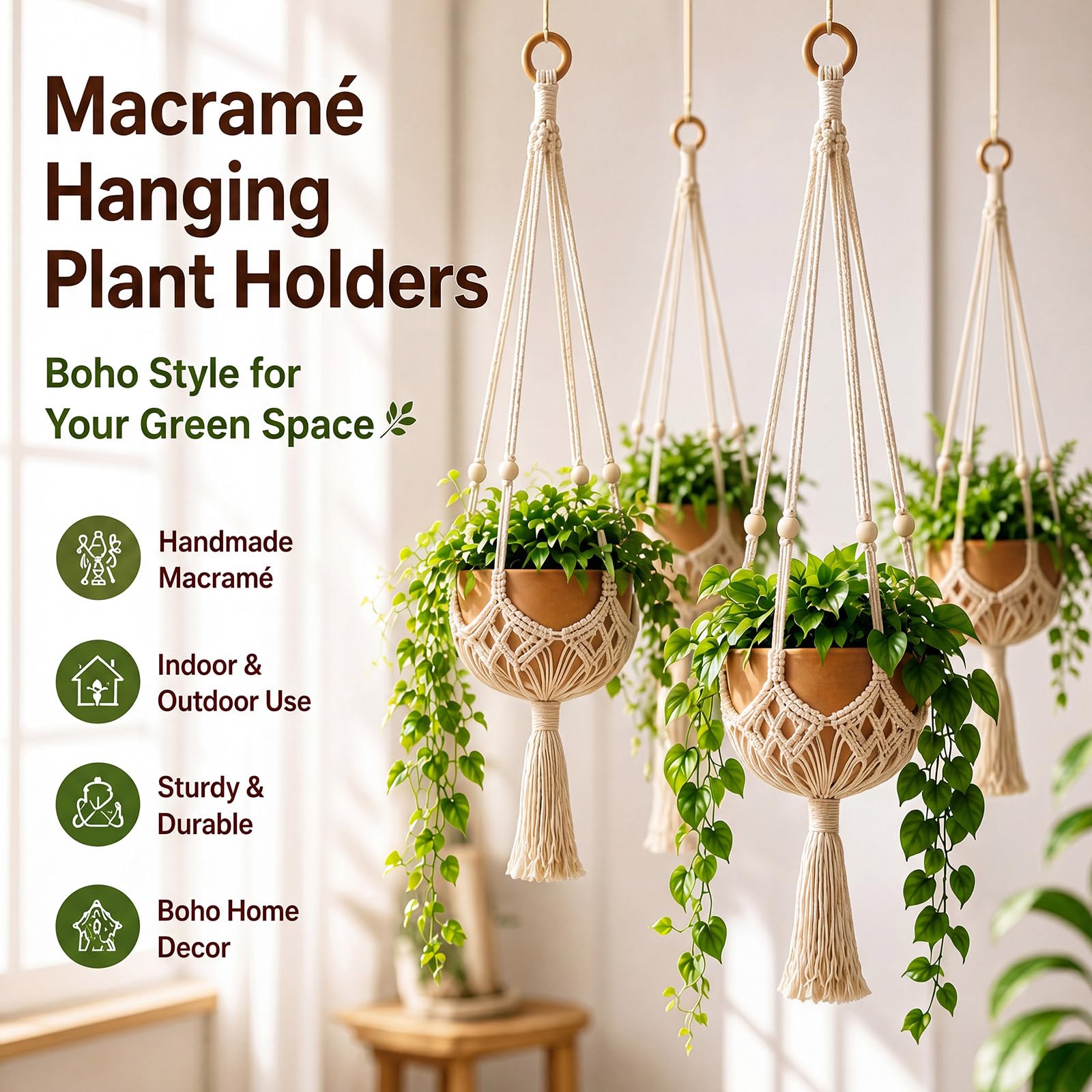 Shappy Boho Macrame Plant Hanger side view with attached hooks