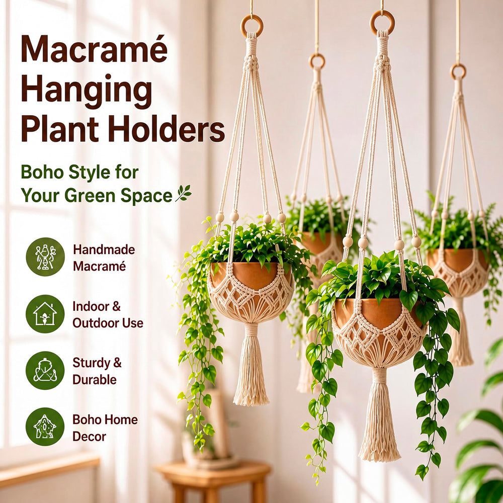 Shappy Boho Macrame Plant Hanger side view with attached hooks