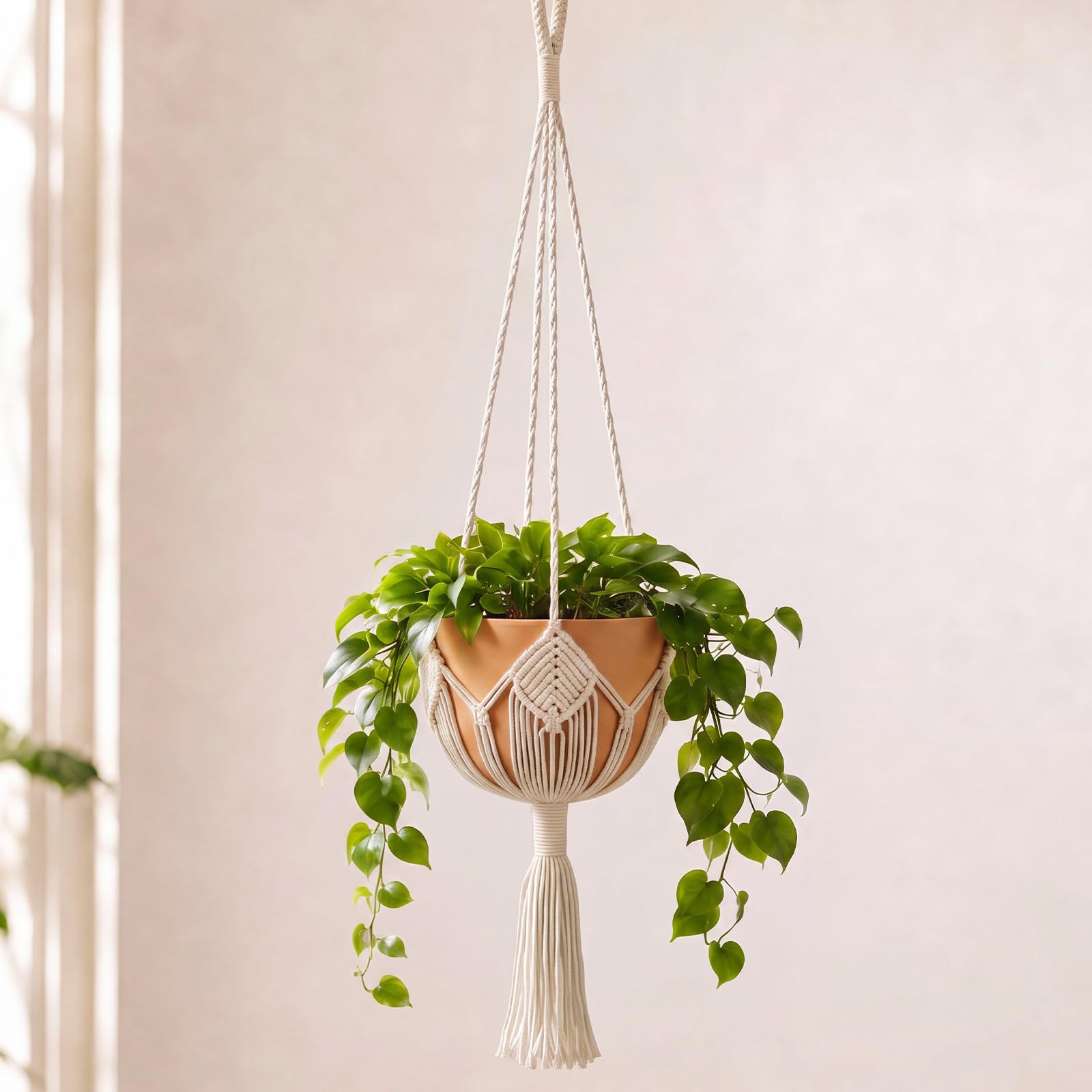Shappy Boho Macrame Plant Hanger, white, front view