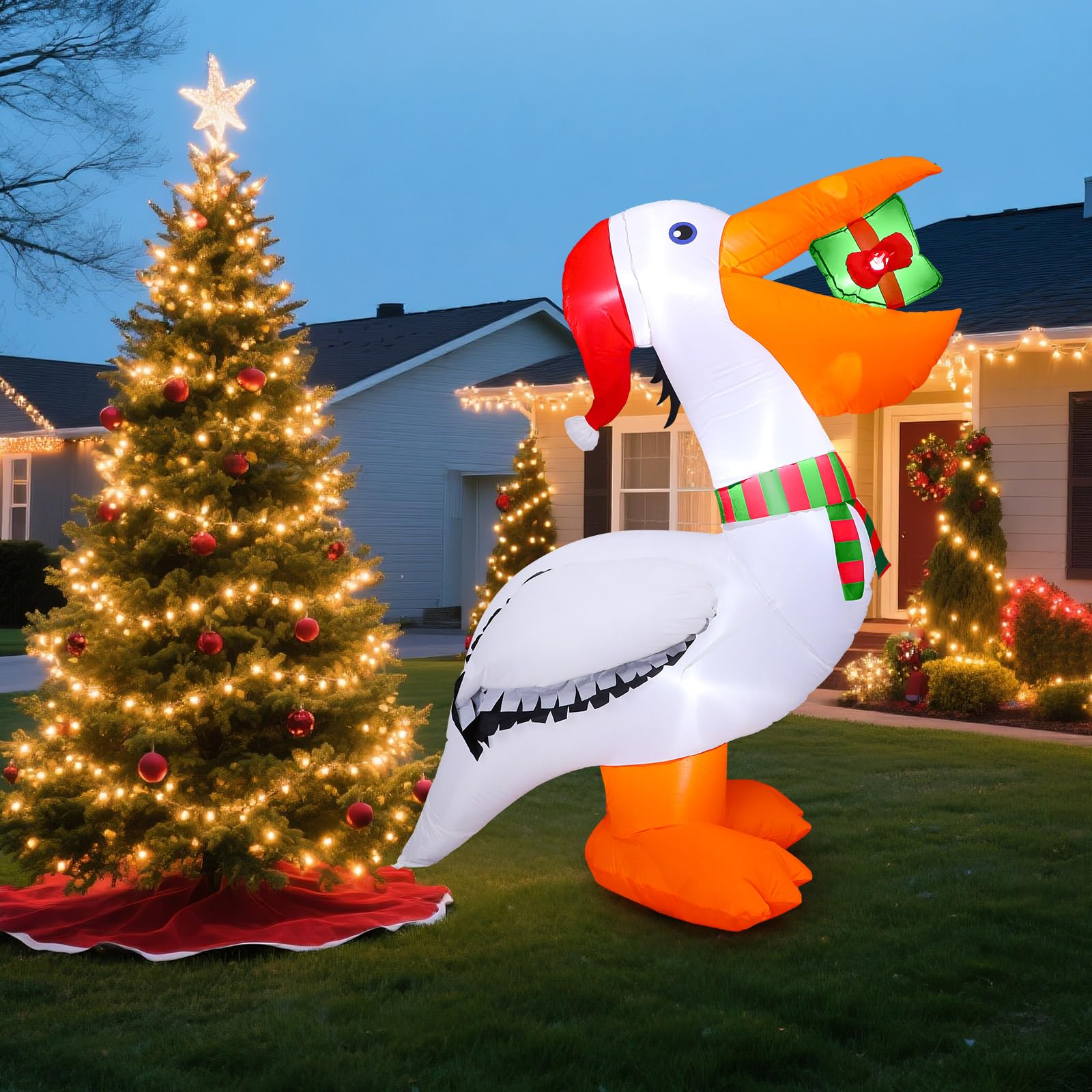 Shappy inflatable pelican illuminated at night