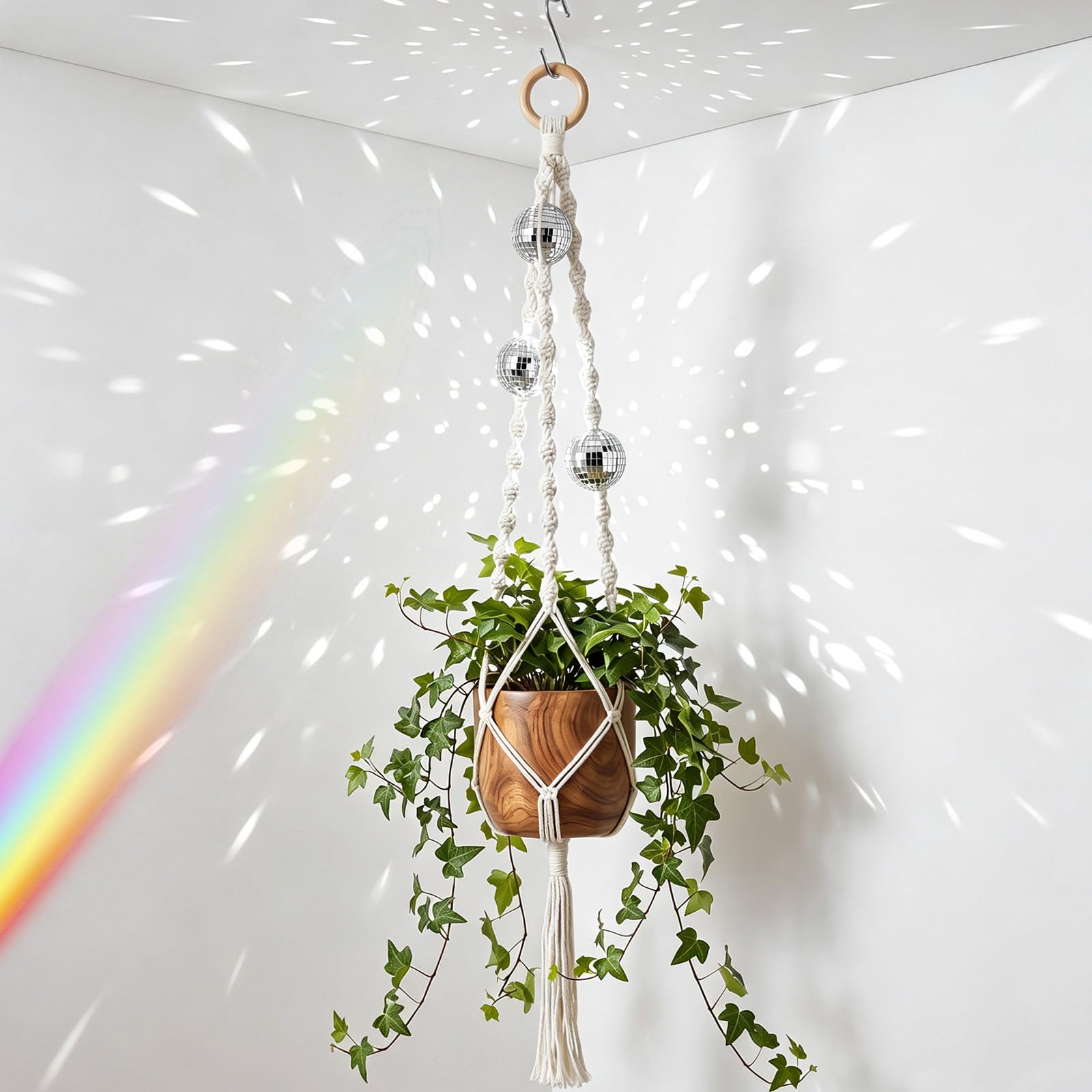 Shappy Macrame Disco Ball Plant Hanger front view with white twine