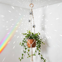 Shappy Macrame Disco Ball Plant Hanger front view with white twine