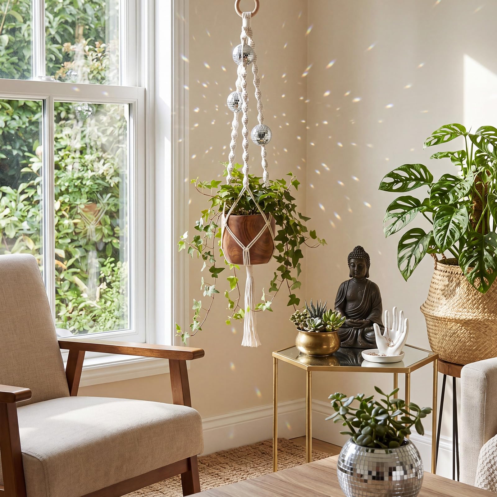 Shappy Macrame Disco Ball Plant Hanger hanging with a flowerpot