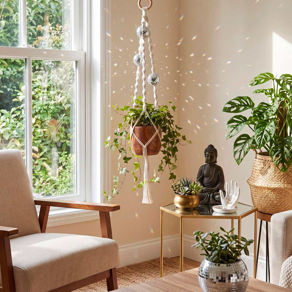 Shappy Macrame Disco Ball Plant Hanger hanging with a flowerpot