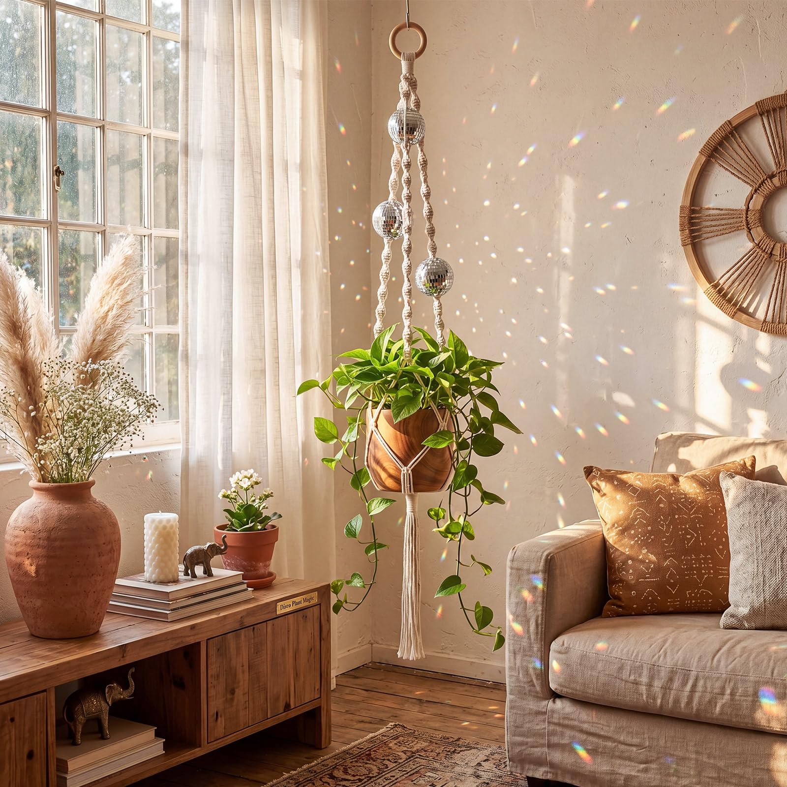 Shappy Macrame Disco Ball Plant Hanger in a living room setting