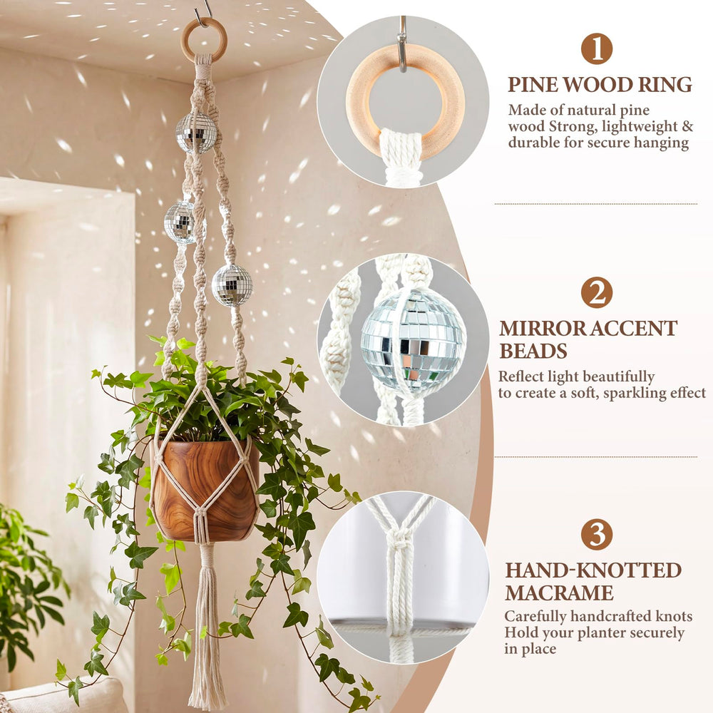 Shappy Macrame Disco Ball Plant Hanger side view displaying hanging design