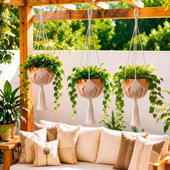 Shappy macrame hanger displaying a flowering plant