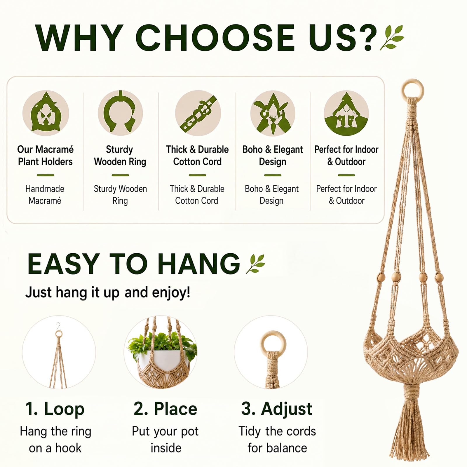 Shappy macrame plant hanger hanging outdoors with flowers