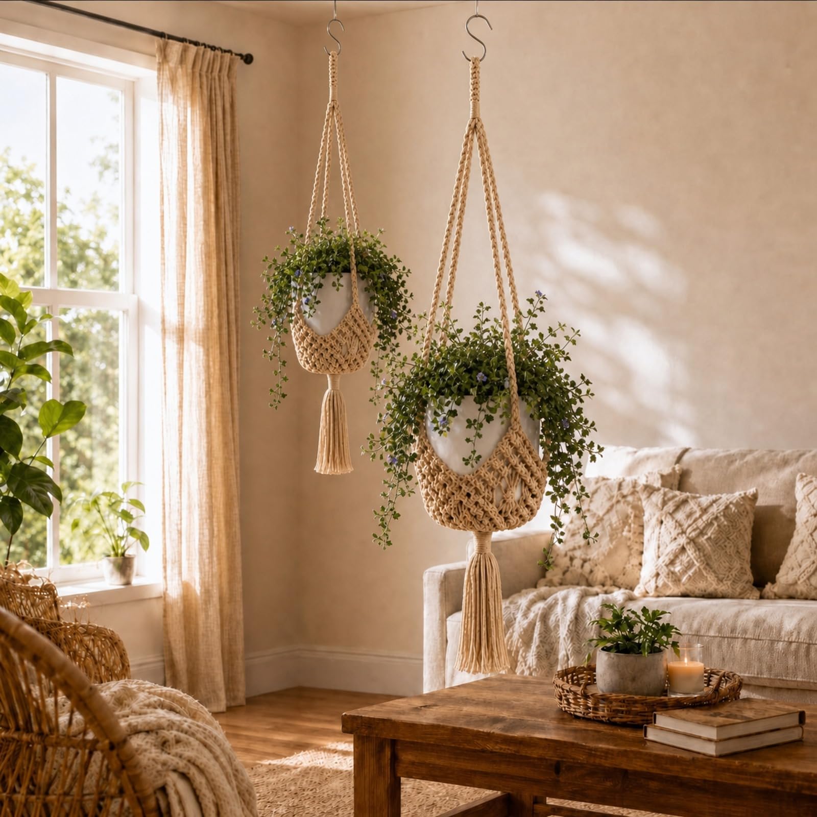 Shappy macrame plant hanger in a living room setting