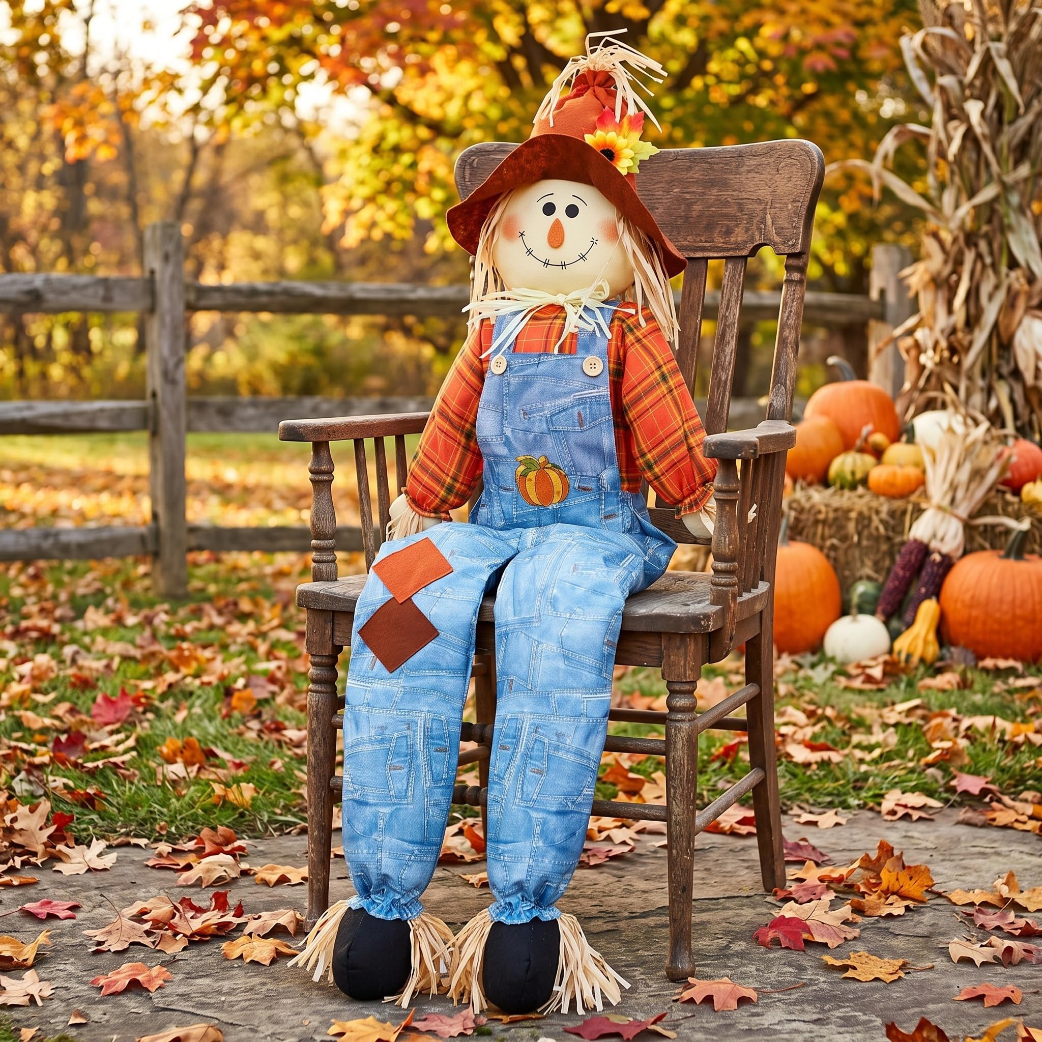 Shappy scarecrow with autumn leaves backdrop