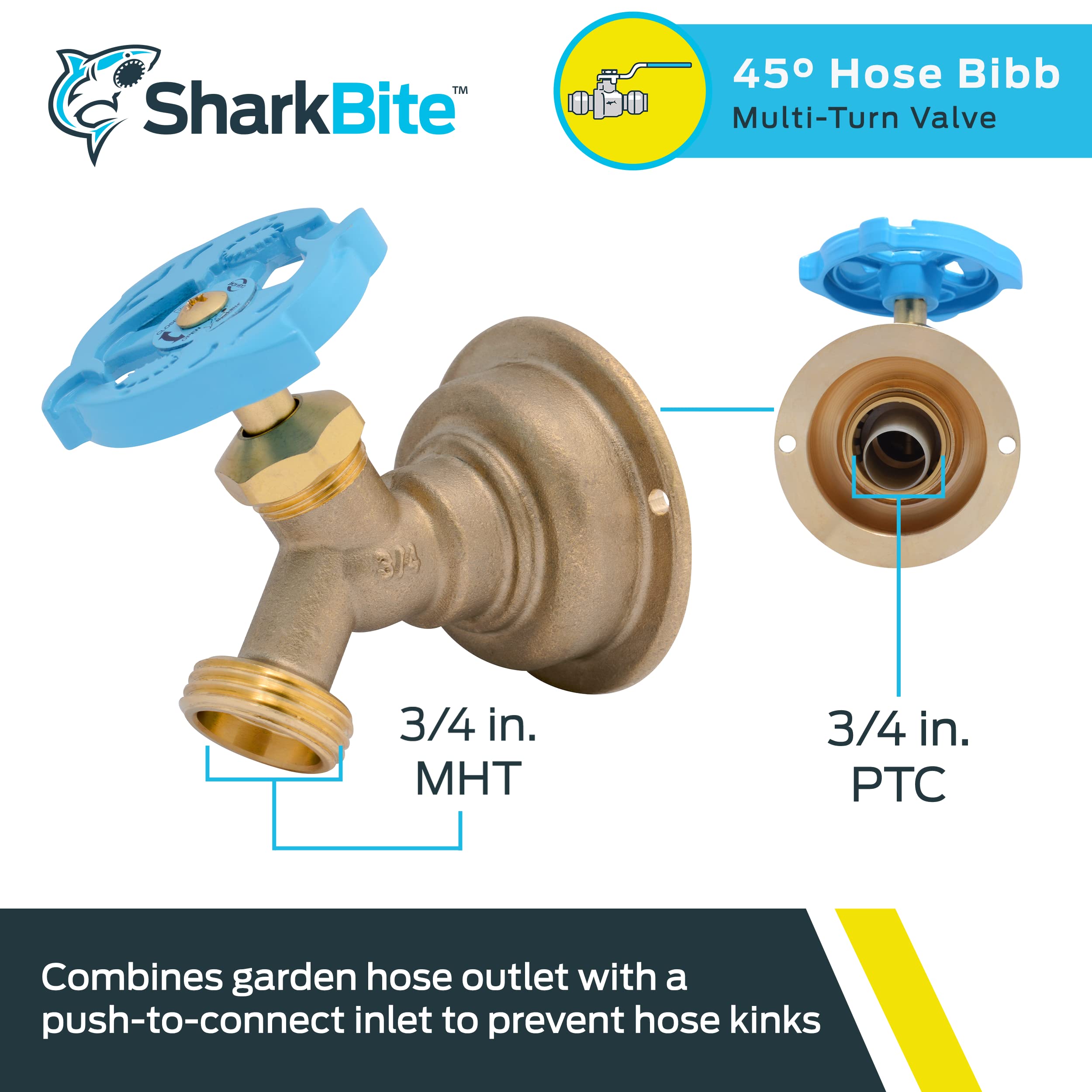 SharkBite 45-Degree Hose Bibb side view showing push-to-connect feature
