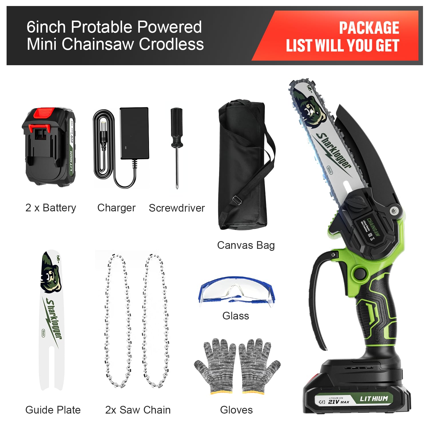 Sharklogger Mini Chainsaw with safety gloves and glasses