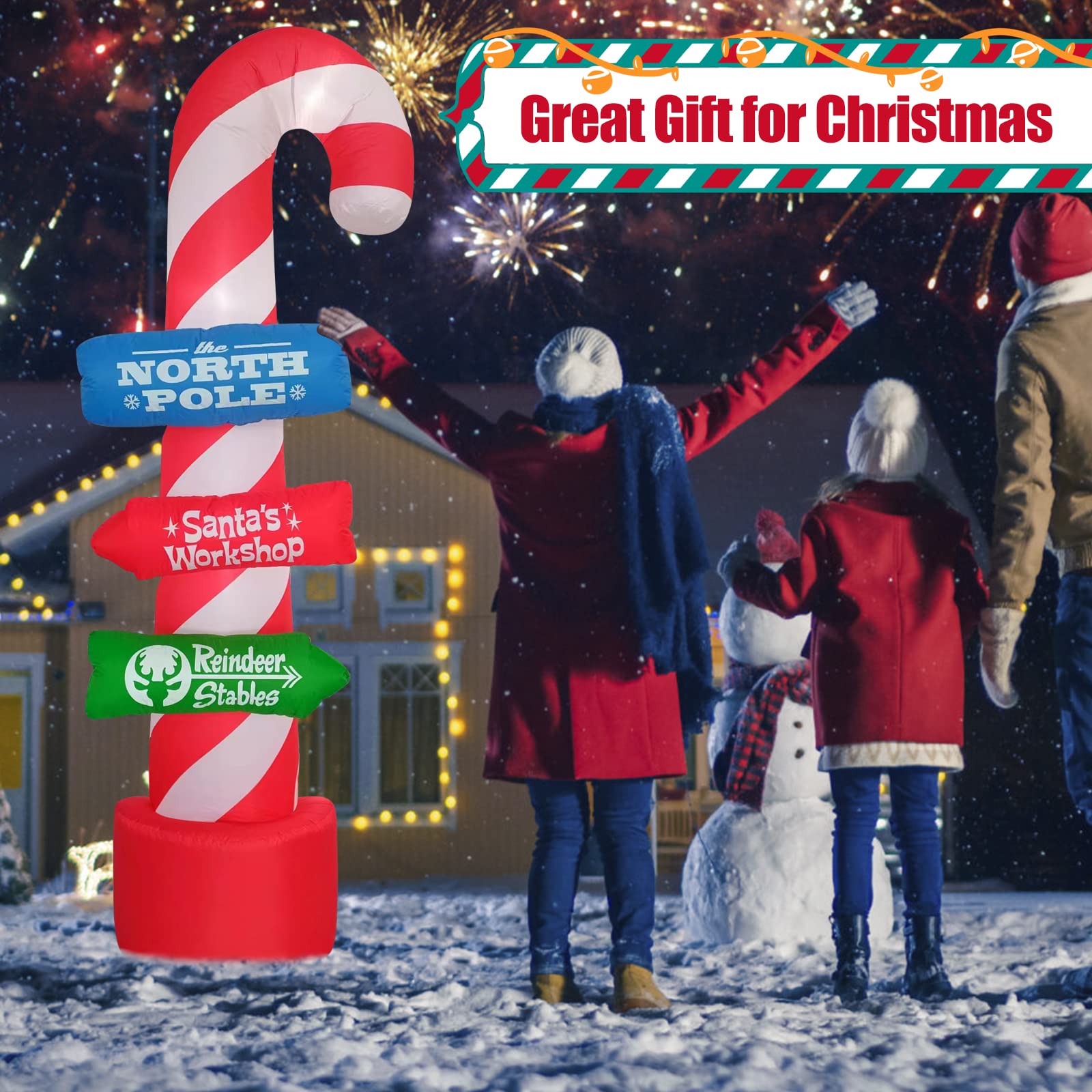 SHDEJTG inflatable candy cane decoration lit up at night