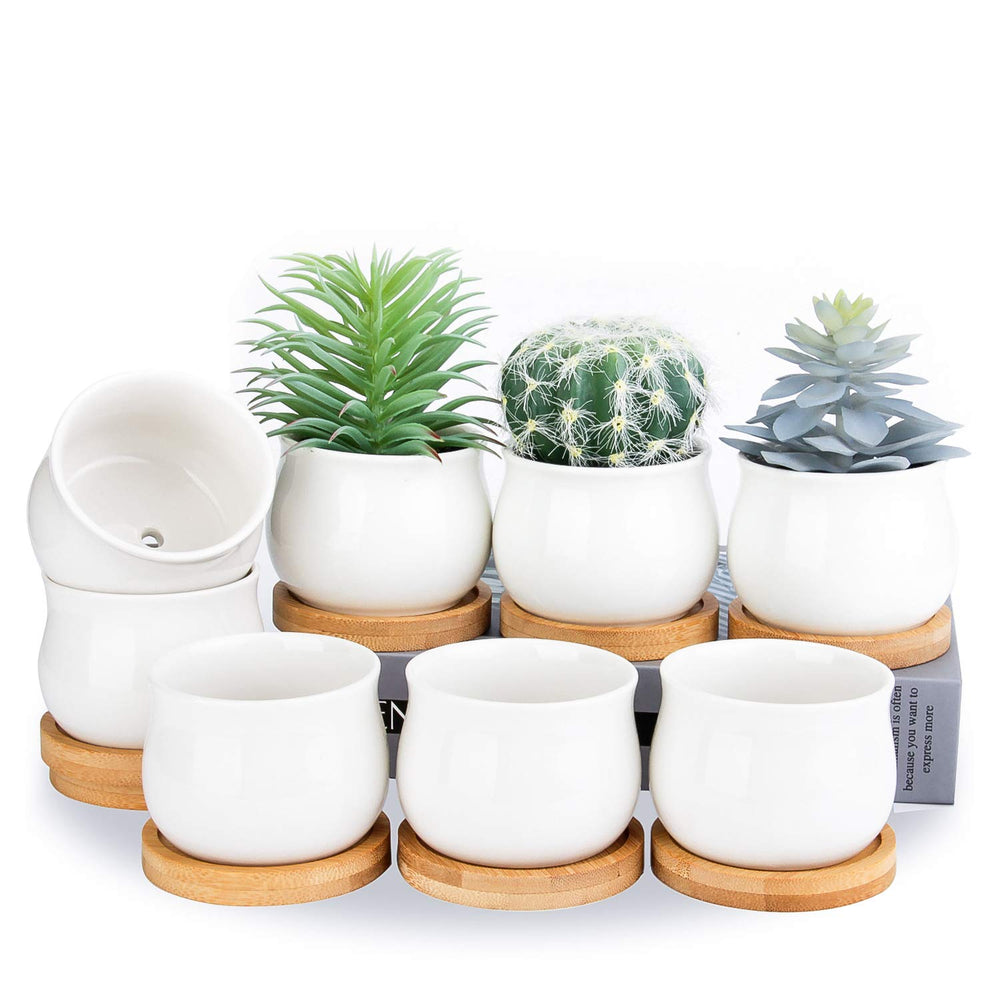 SHECIPIN white mini ceramic succulent plant pot with bamboo tray