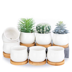 SHECIPIN white mini ceramic succulent plant pot with bamboo tray