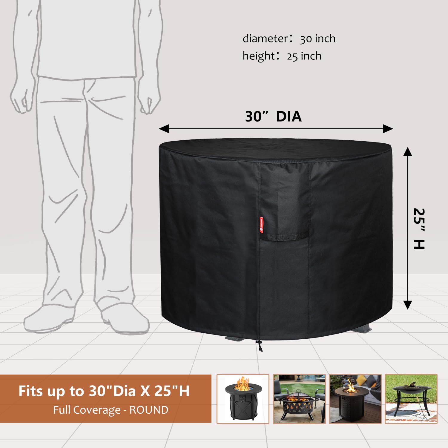 SheeChung Fire Pit Cover 30-inch showing adjustable drawstring