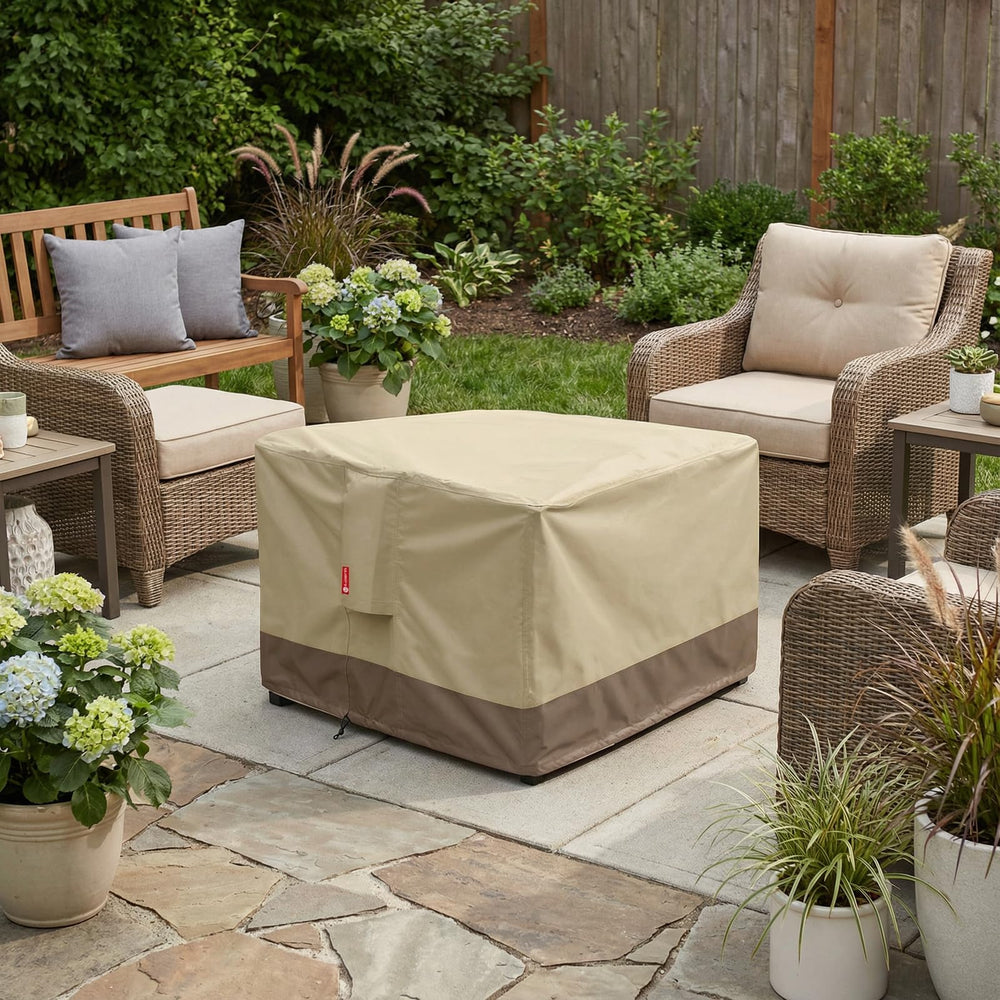 SheeChung Gas Fire Pit Cover on a patio fire pit