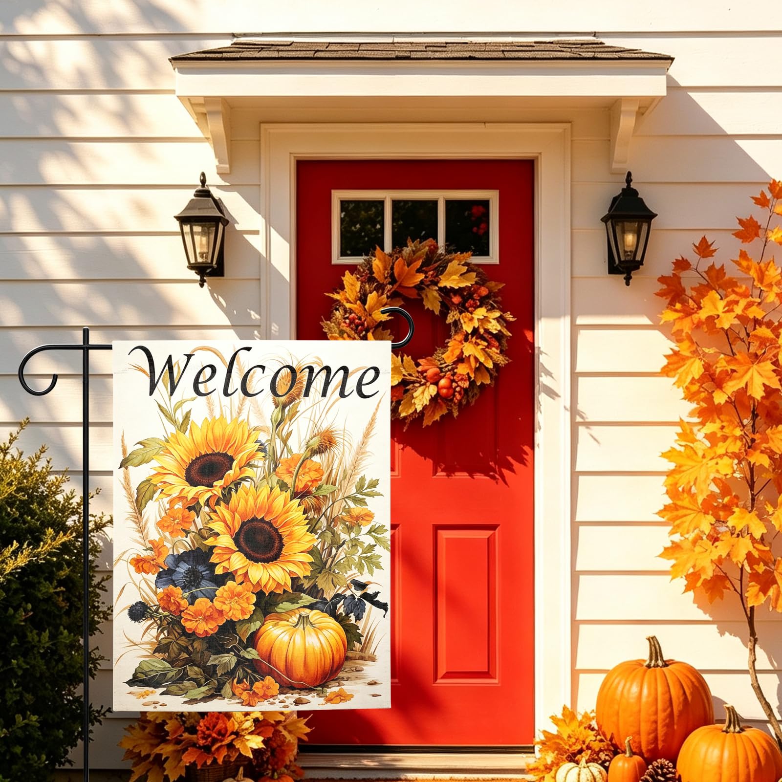 Shidms Fall Garden Flag with vibrant sunflower and pumpkin