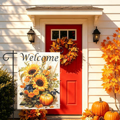 Shidms Fall Garden Flag with vibrant sunflower and pumpkin