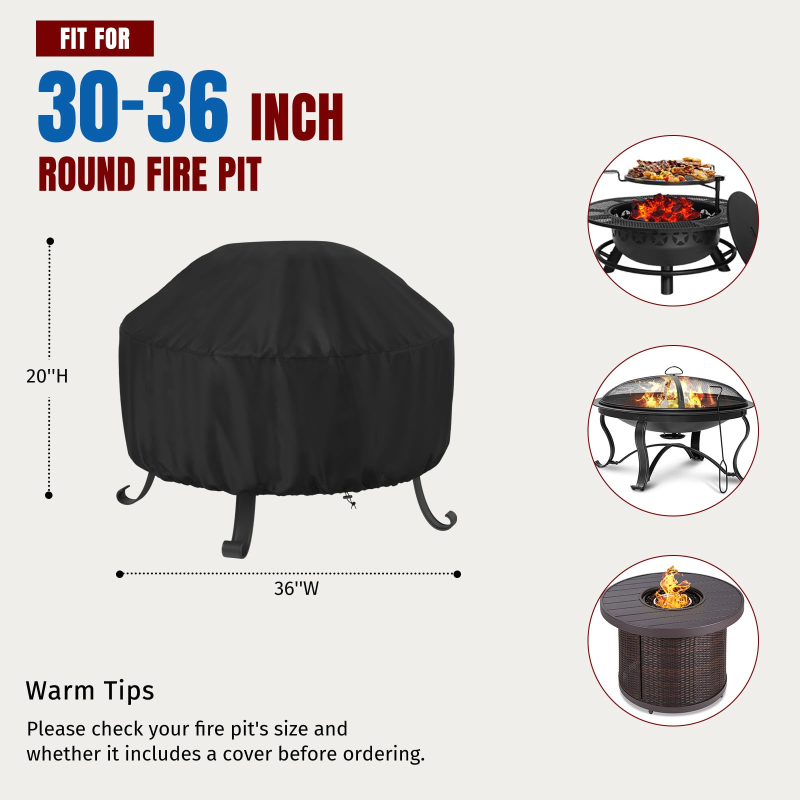 SHINESTAR Fire Pit Cover Round 36 In with adjustable drawstring