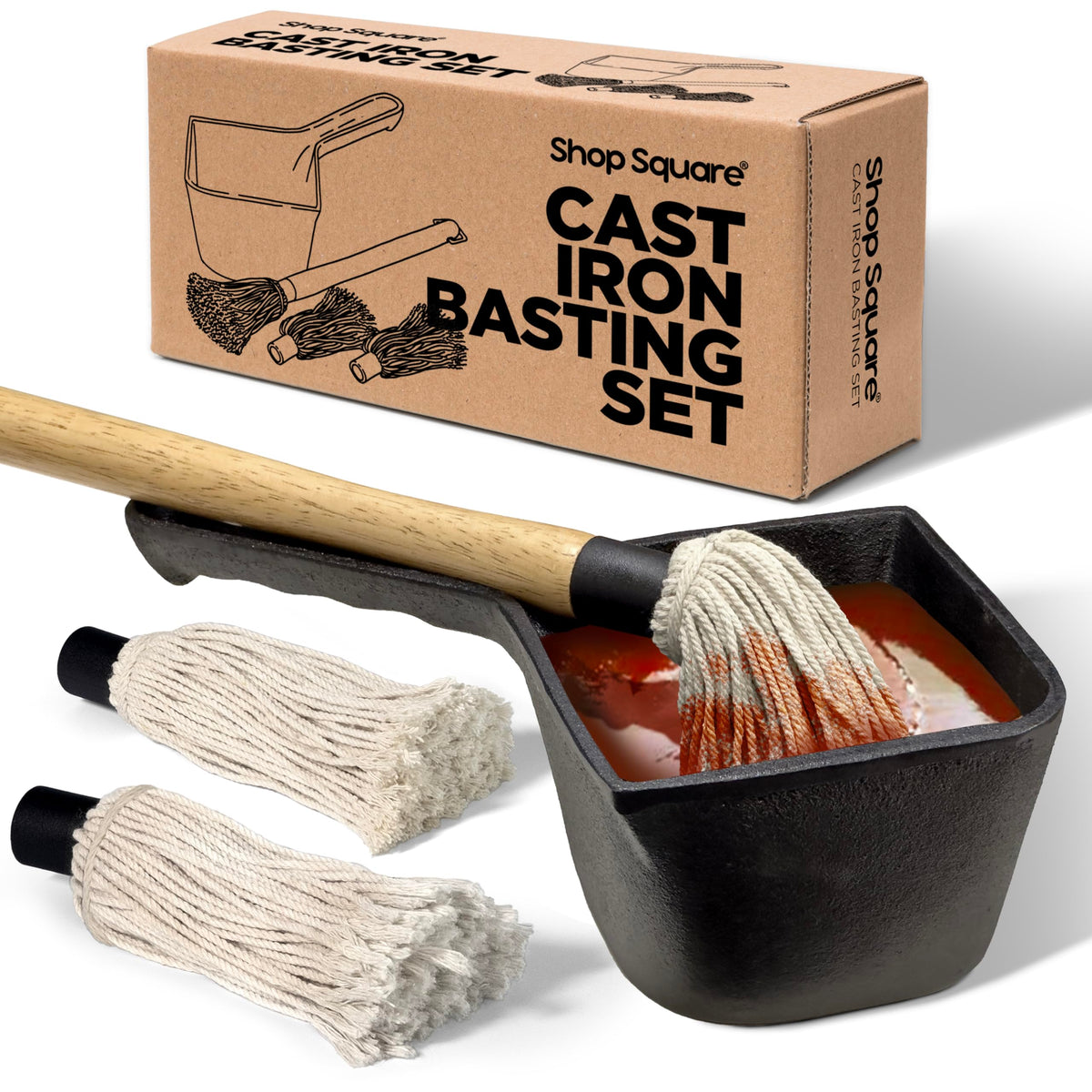 Shop Square Cast Iron Sauce Pot with BBQ Mop Brush set, black