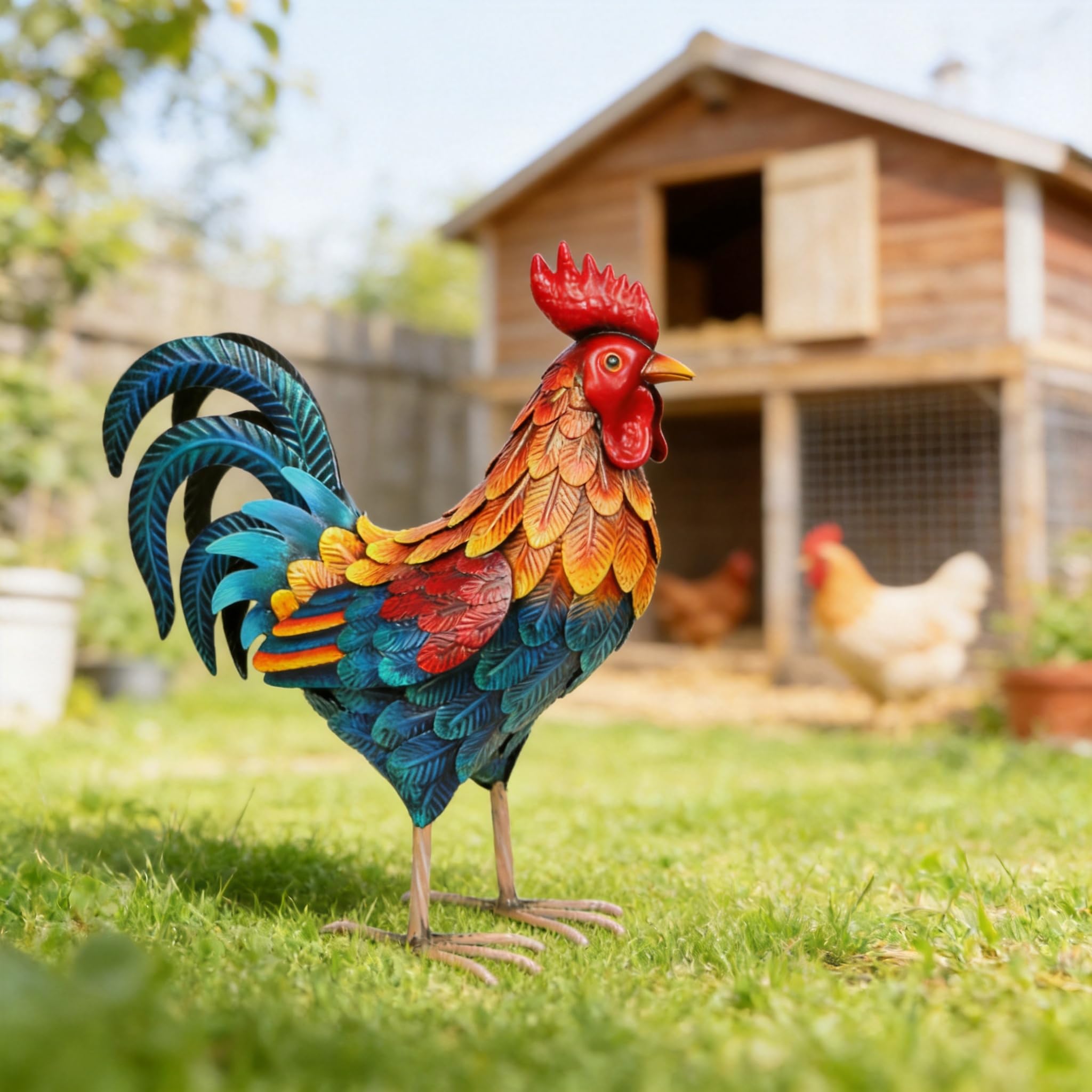 Shorayn Metal Rooster Statue in a garden setting