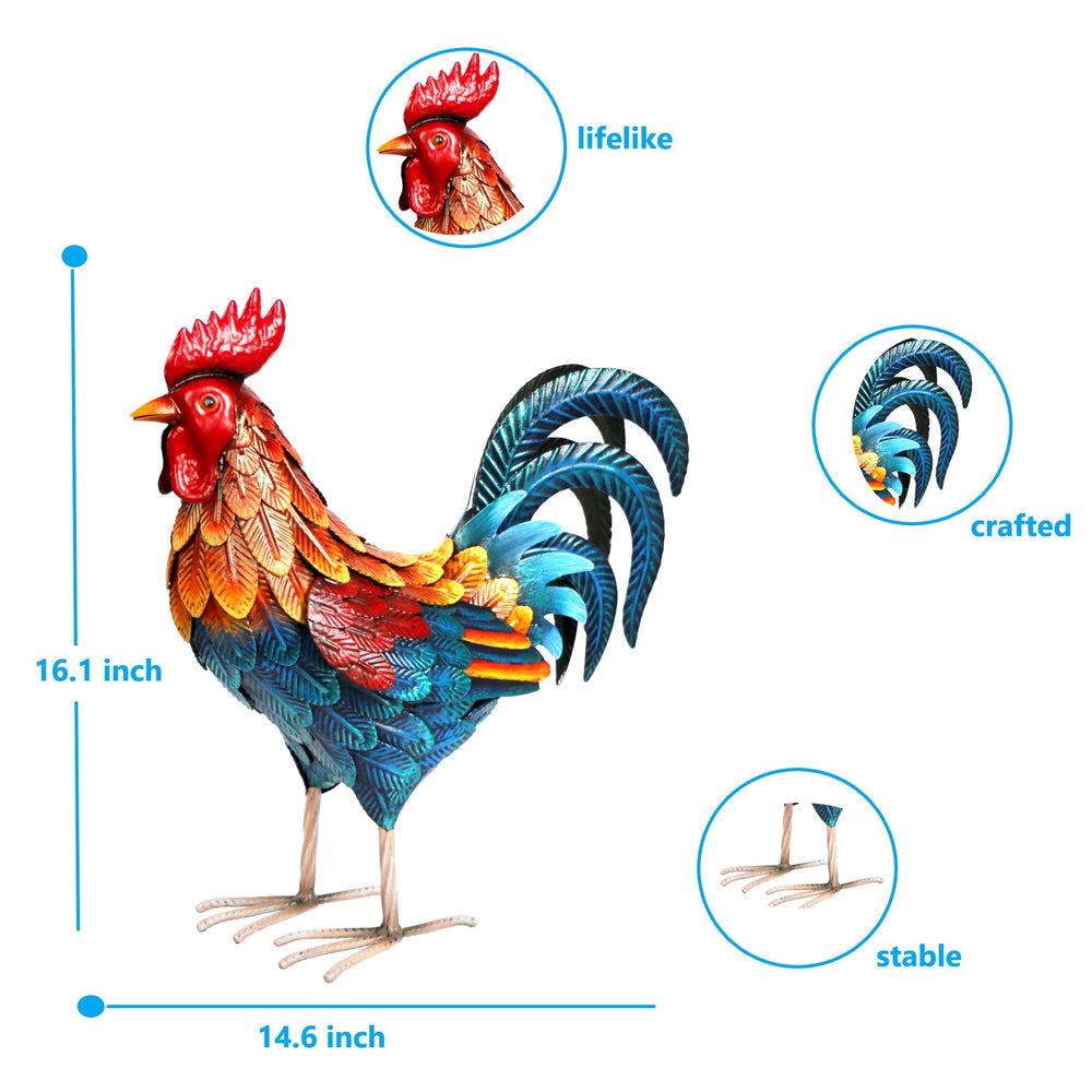 Shorayn Metal Rooster Statue side view showcasing details