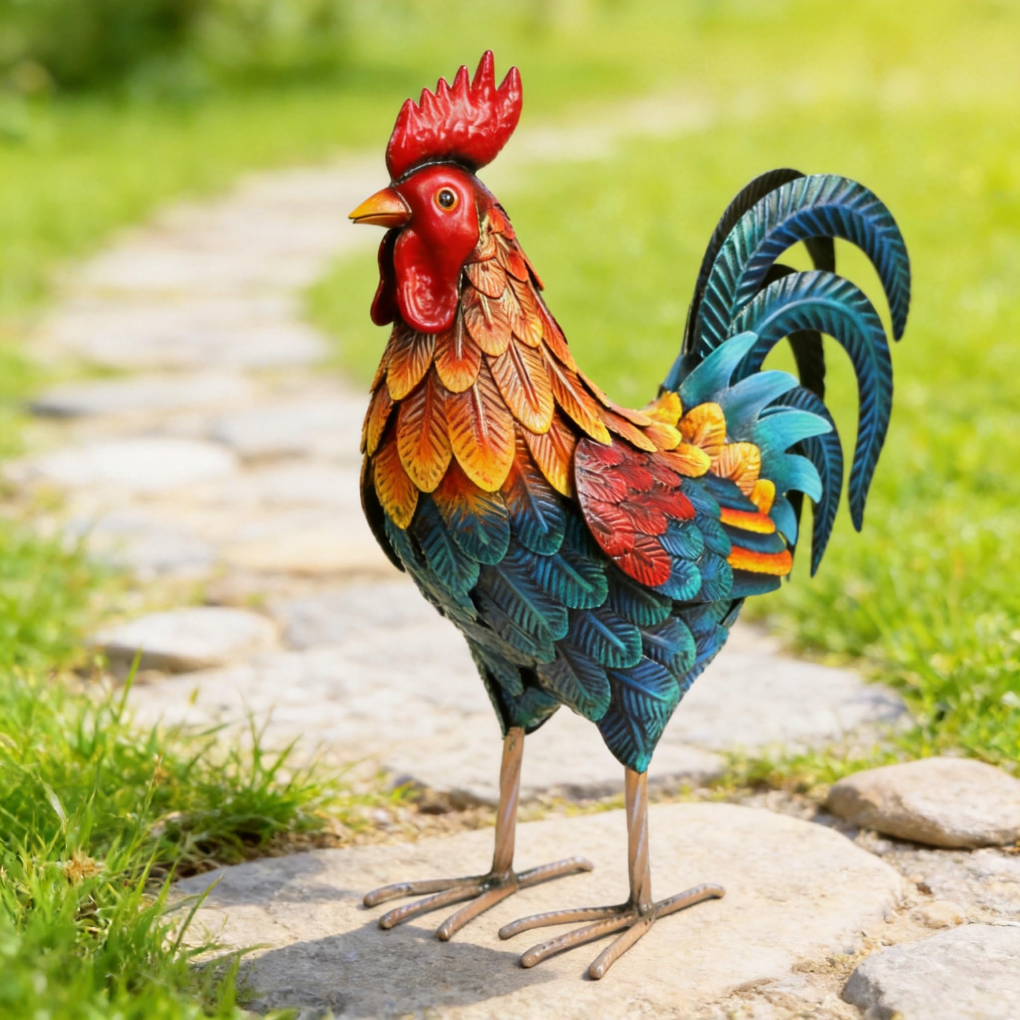 Shorayn Metal Rooster Statue with garden flowers