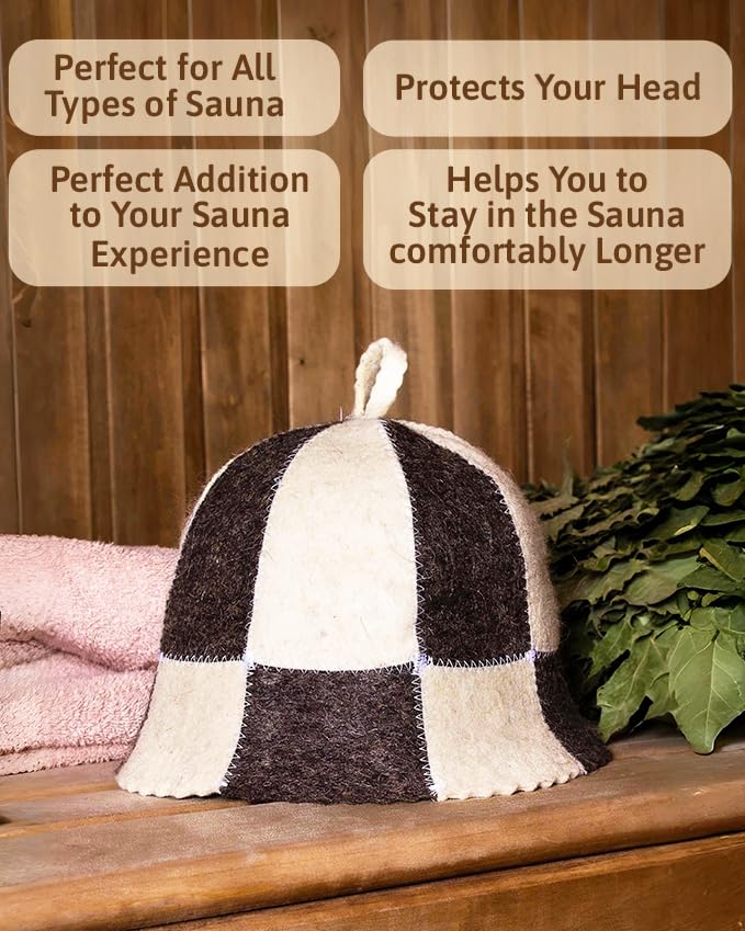 SHSH trade group Wool Sauna Hat Checkered showing dimensions