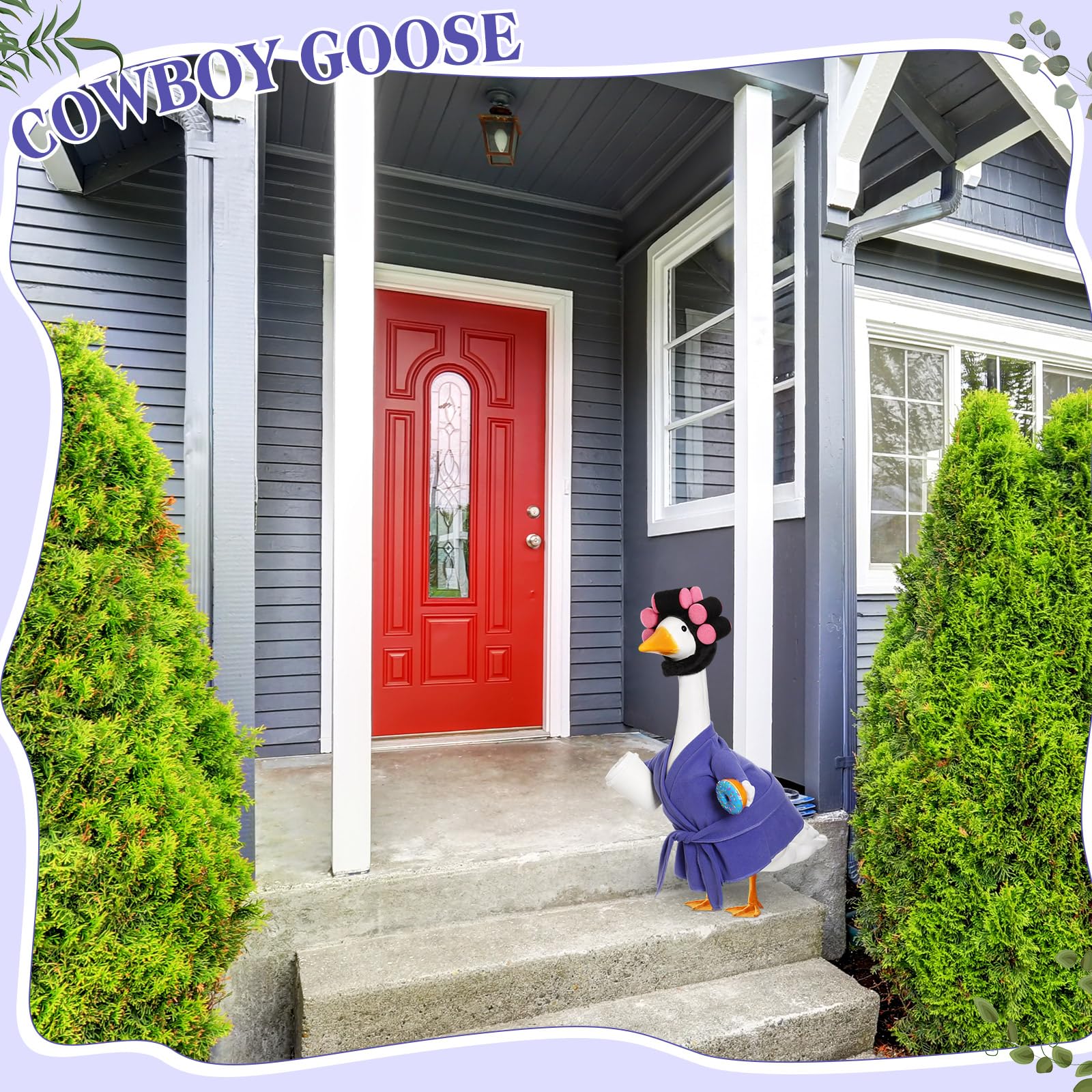 Shyyween lawn goose in purple bathrobe on patio