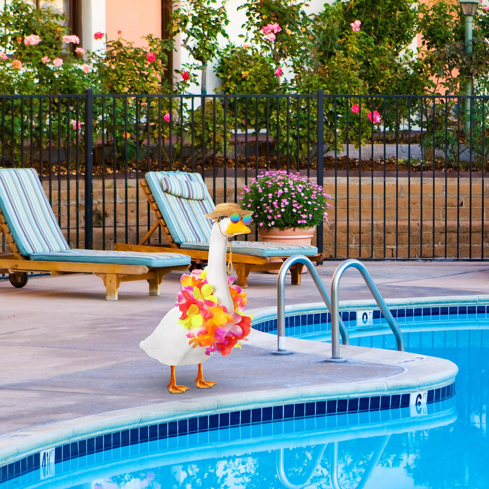 Shyyween Summer Hawaiian Goose Outfit on a garden statue