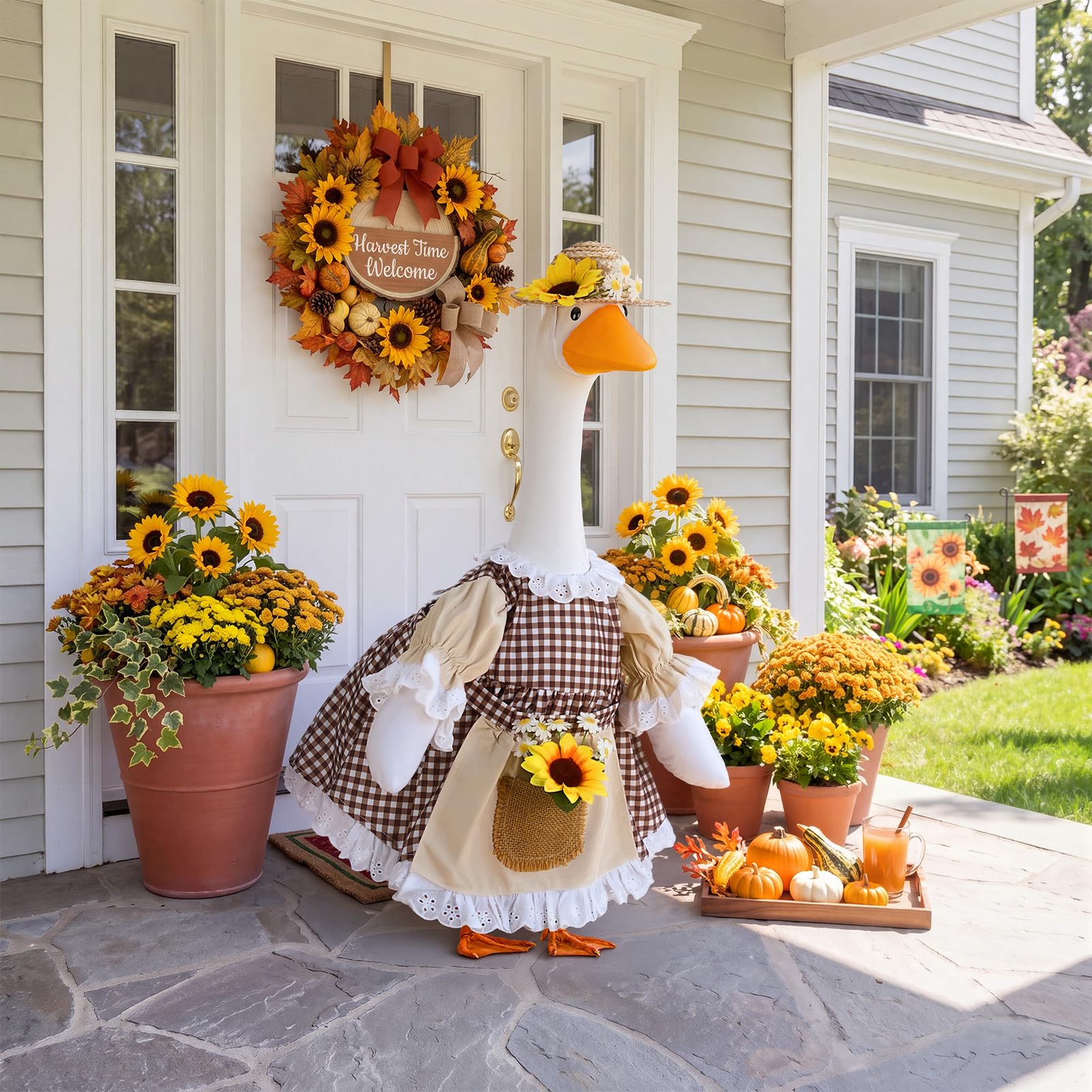 Side view of 23-inch goose statue dressed in Abbylike autumn outfit