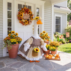 Side view of 23-inch goose statue dressed in Abbylike autumn outfit