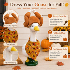 Side view of 23" porch goose dressed in fall outfit