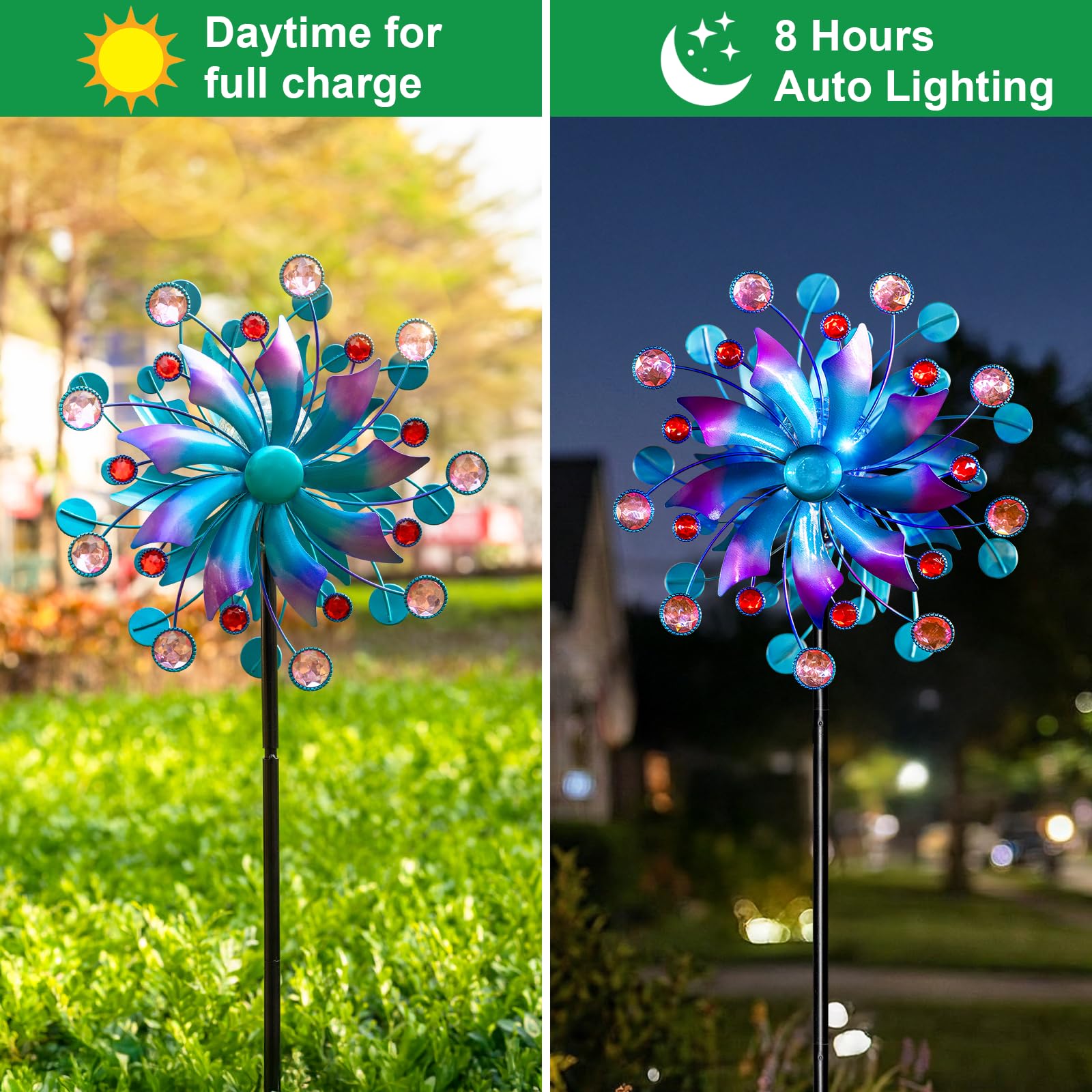 Side view of 61-inch VISFLAIR Solar Wind Spinner in garden
