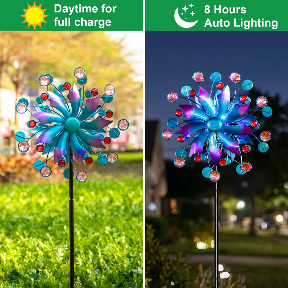 Side view of 61-inch VISFLAIR Solar Wind Spinner in garden