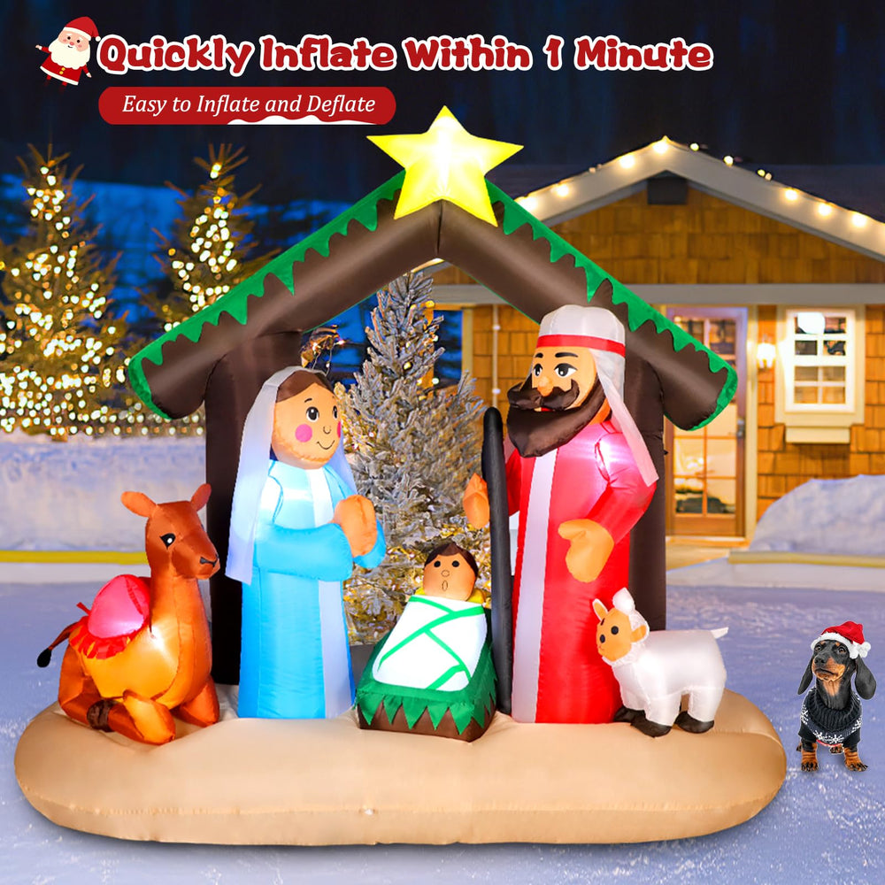 Side view of 7FT inflatable nativity scene featuring Baby Jesus and parents