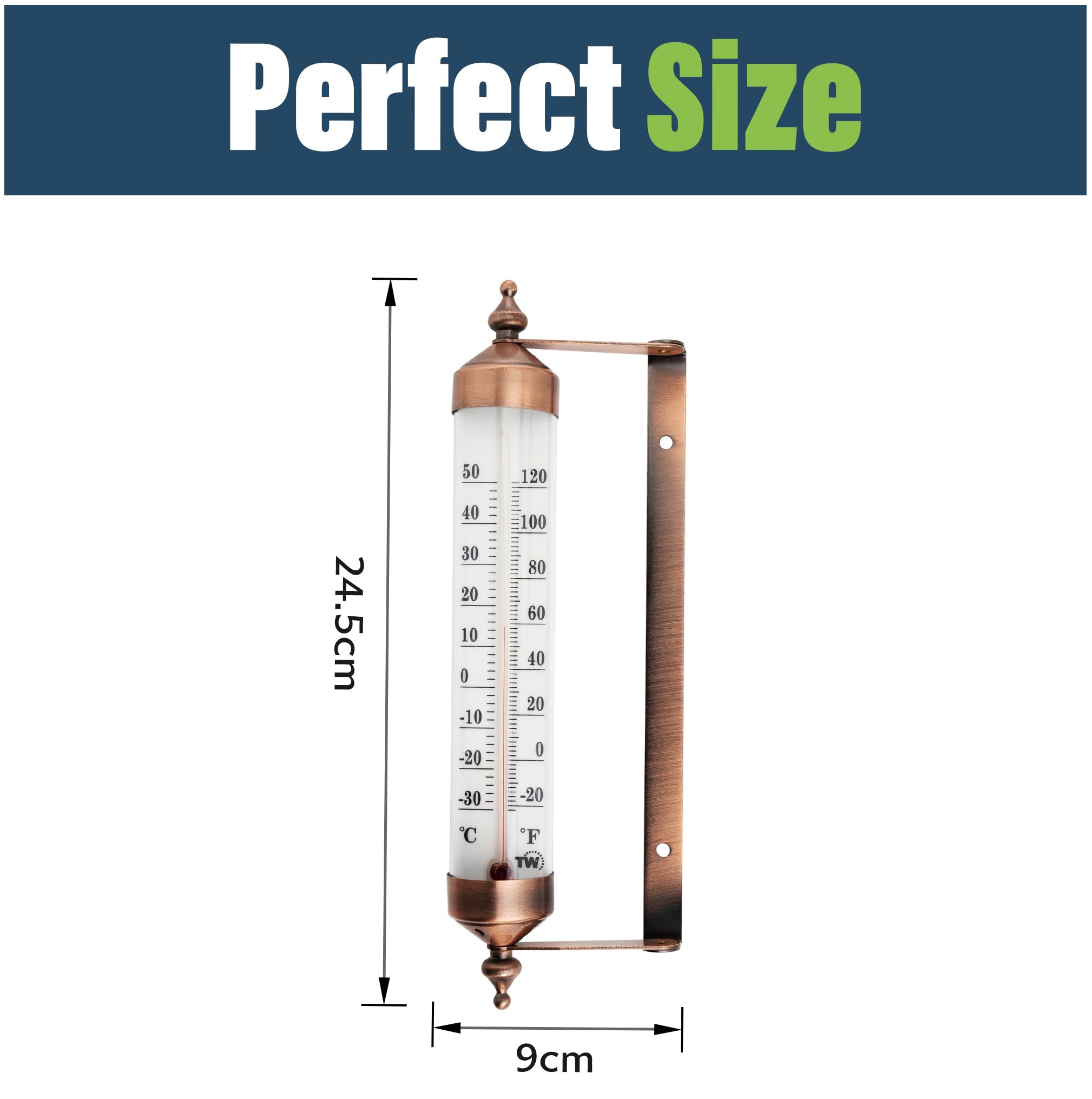 Side view of 9.5 Inch Outdoor Thermometer with bronze design