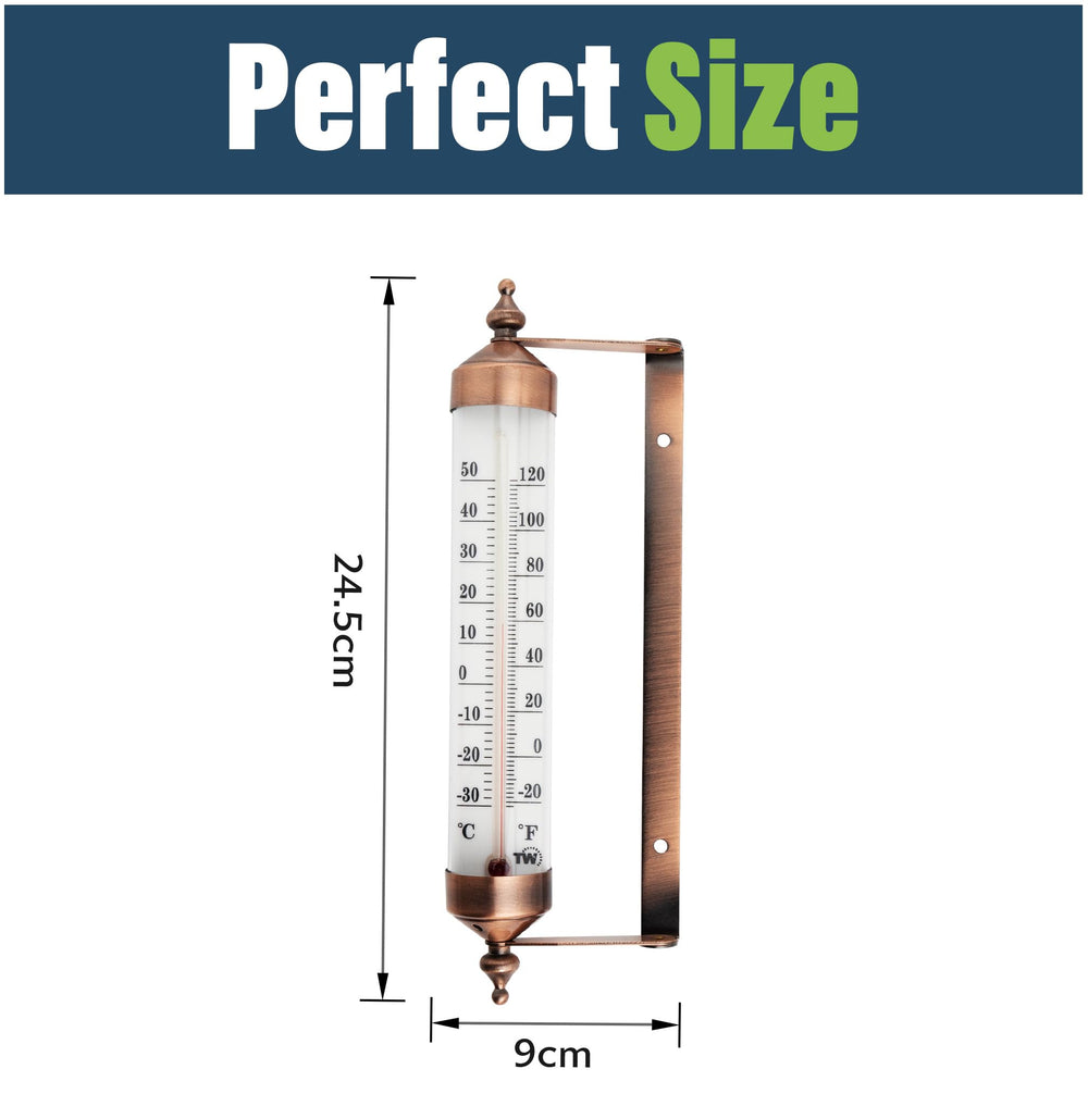 Side view of 9.5 Inch Outdoor Thermometer with bronze design