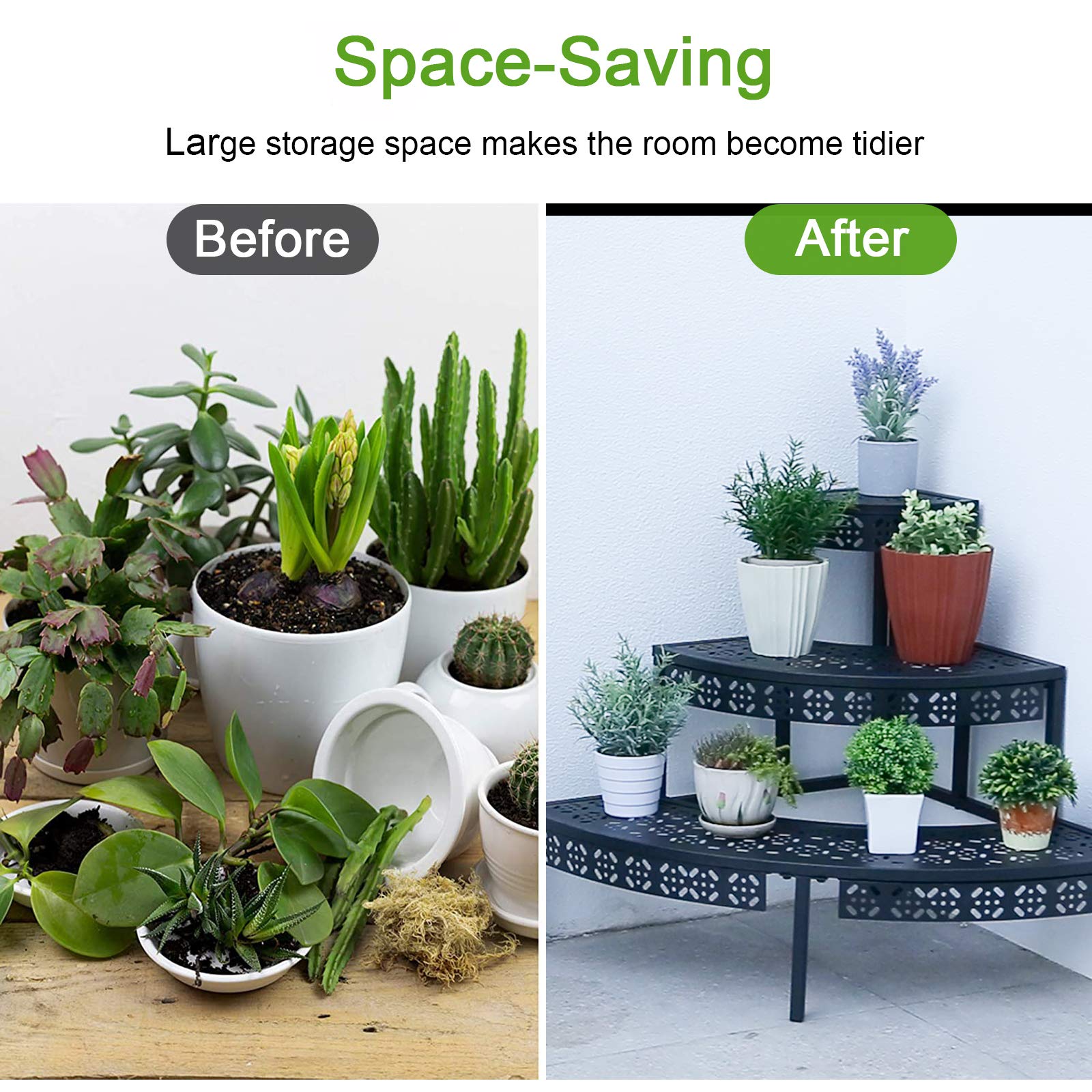 Side view of aboxoo 3-Tier Metal Plant Stand with plants