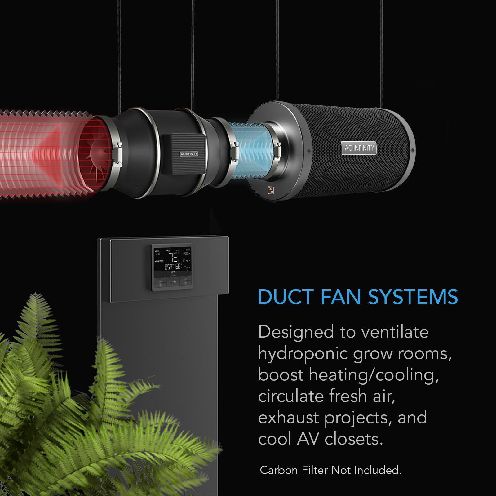 Side view of AC Infinity CLOUDLINE T6 duct fan with controller