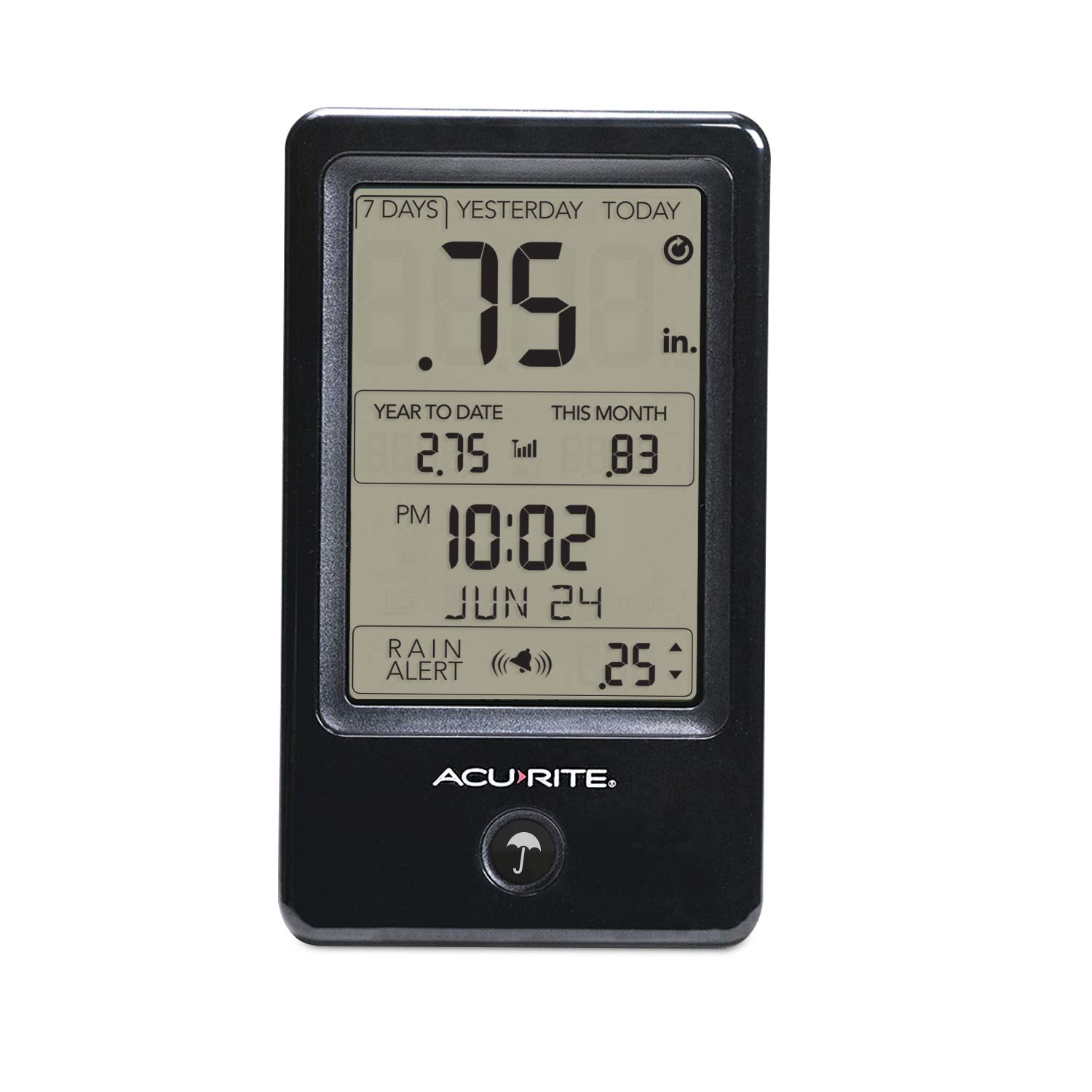 Side view of AcuRite Wireless Rain Gauge highlighting the LCD screen