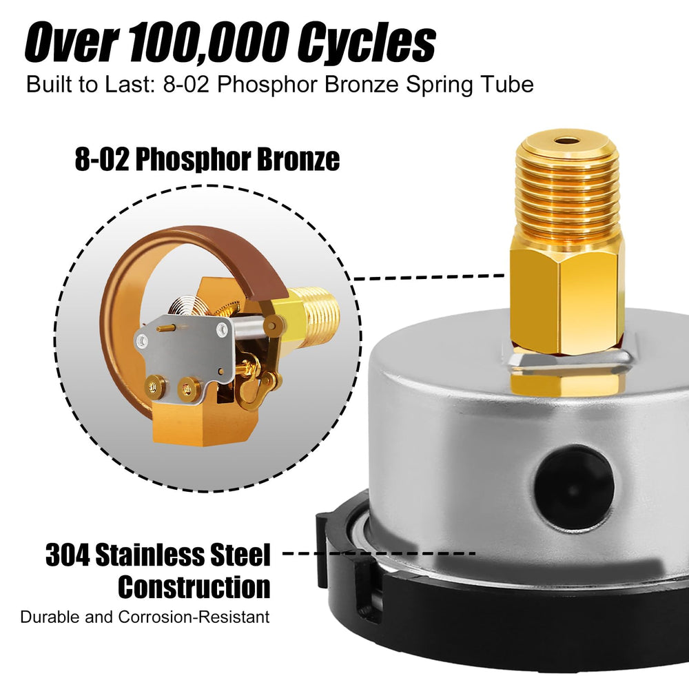 Side view of AetralYB pressure gauge demonstrating brass fitting