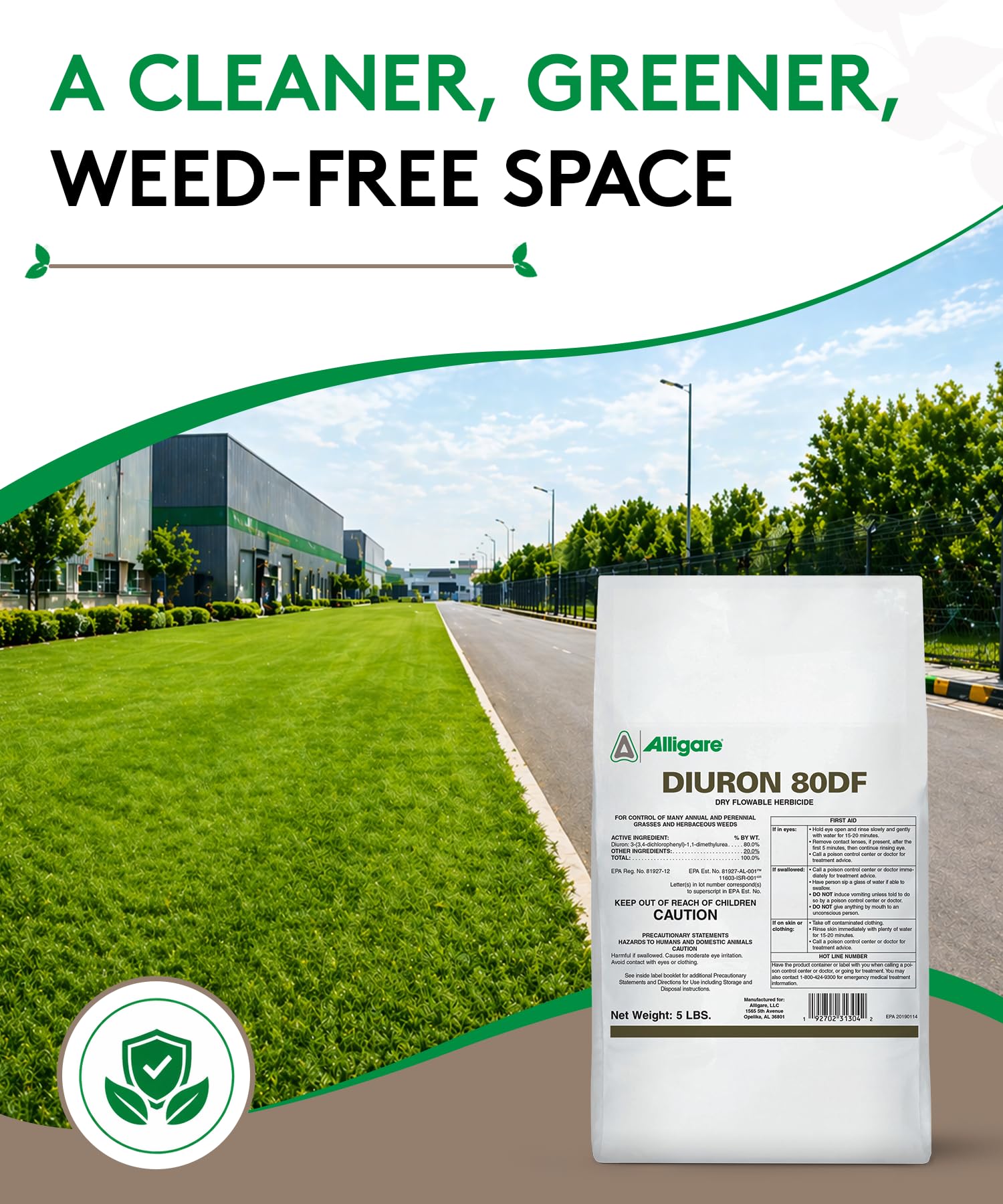 Side view of ALLIGARE Diuron 80 DF Herbicide 5 lb bag showing active ingredients