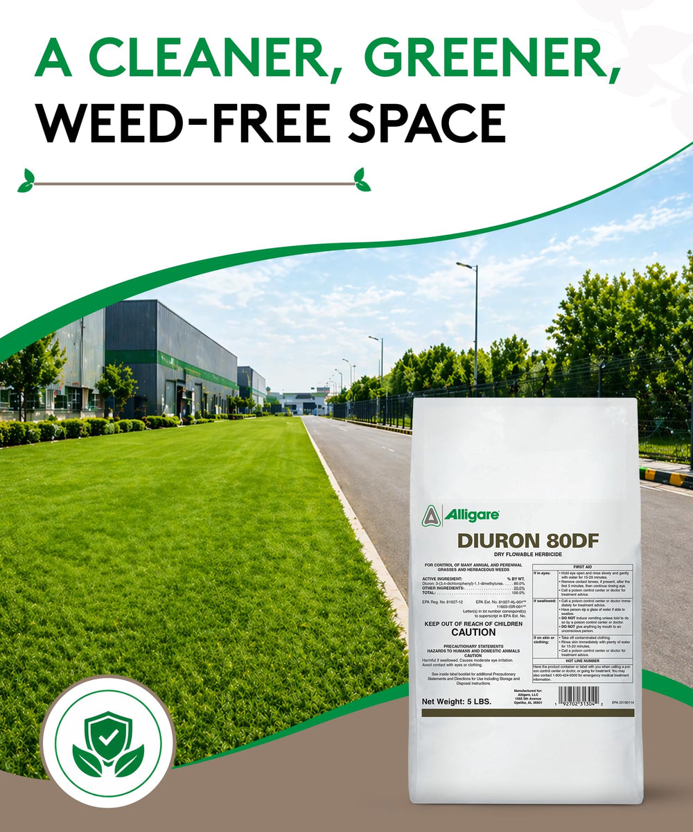 Side view of ALLIGARE Diuron 80 DF Herbicide 5 lb bag showing active ingredients