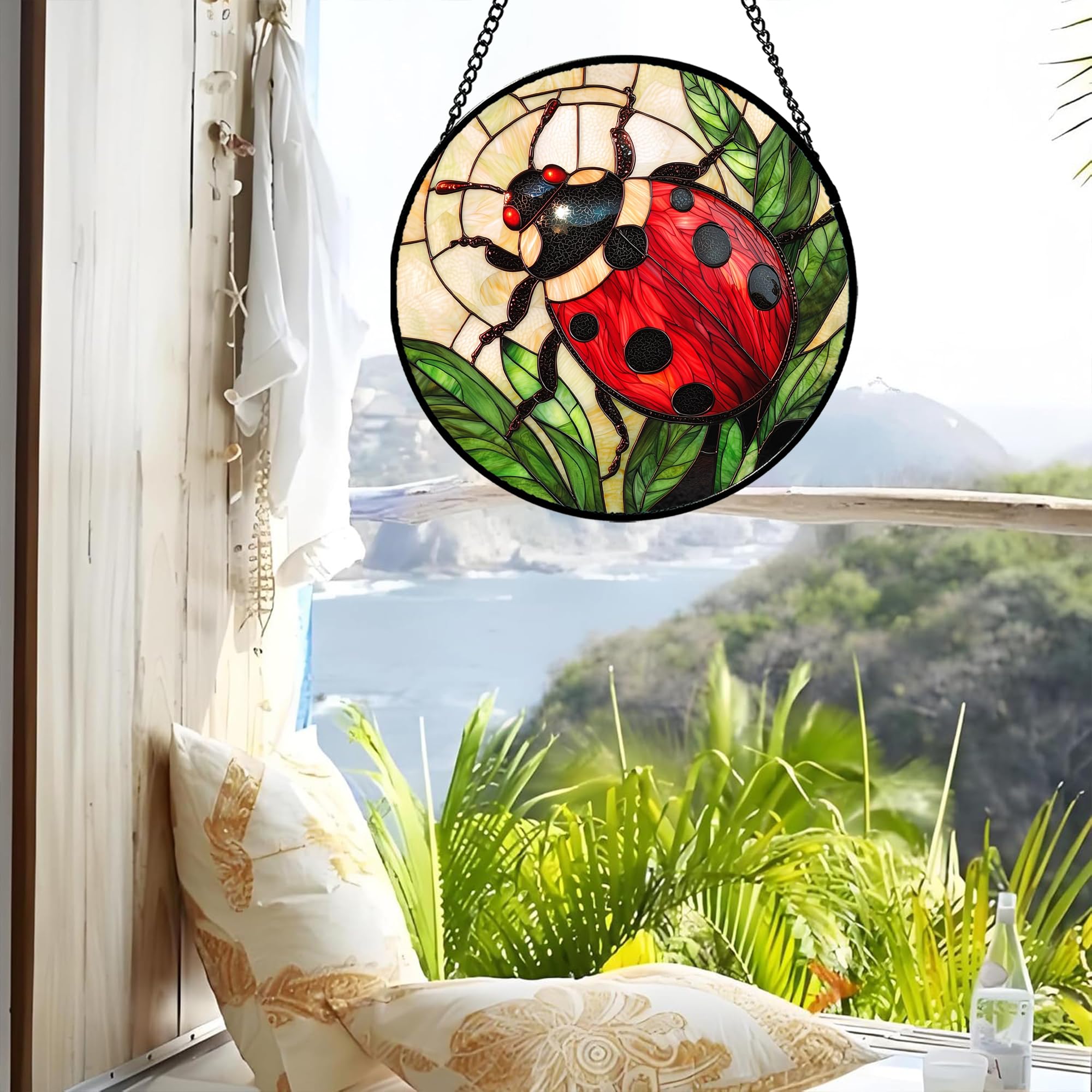 Side view of AMDERVEN Red Ladybug Suncatcher showcasing vibrant colours