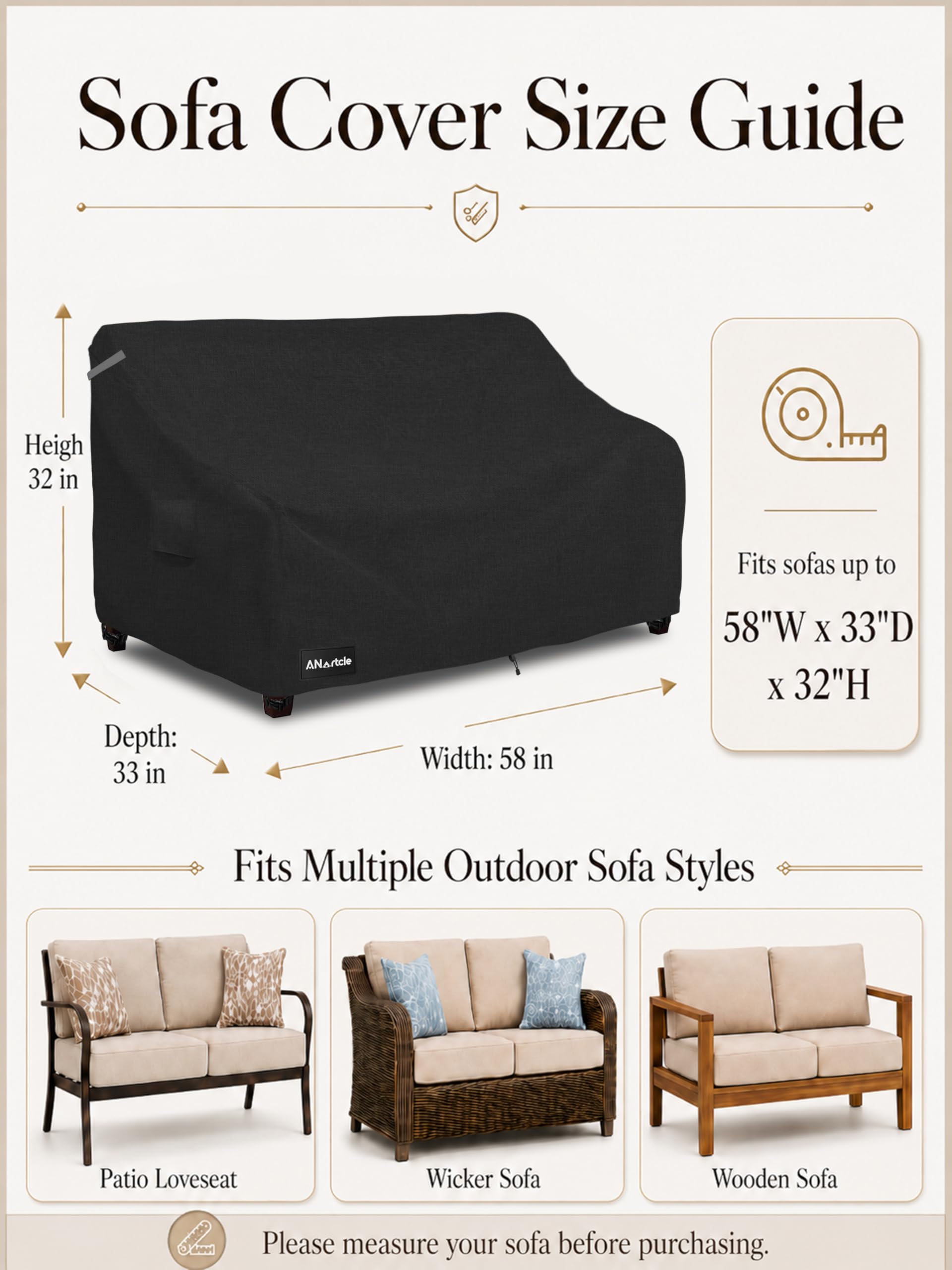 Side view of ANartcle 2-Seater Patio Loveseat Cover, showing size and fit