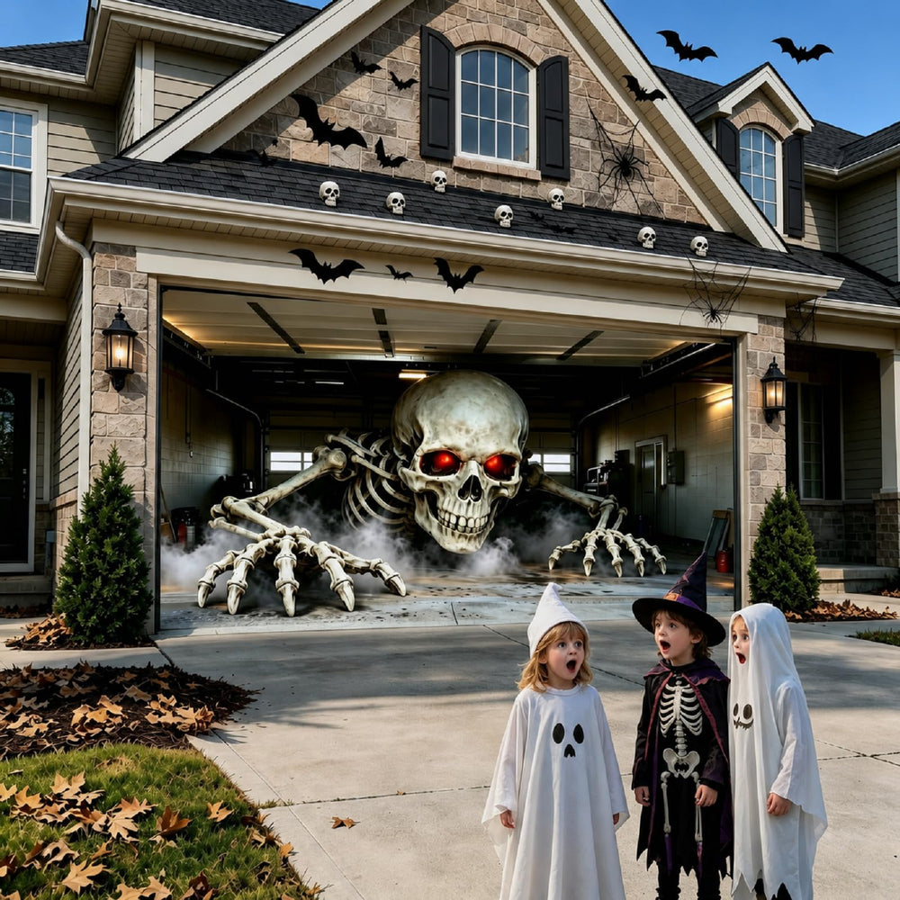 Side view of Anrtrog Halloween Garage Door Cover showing crawling skeleton