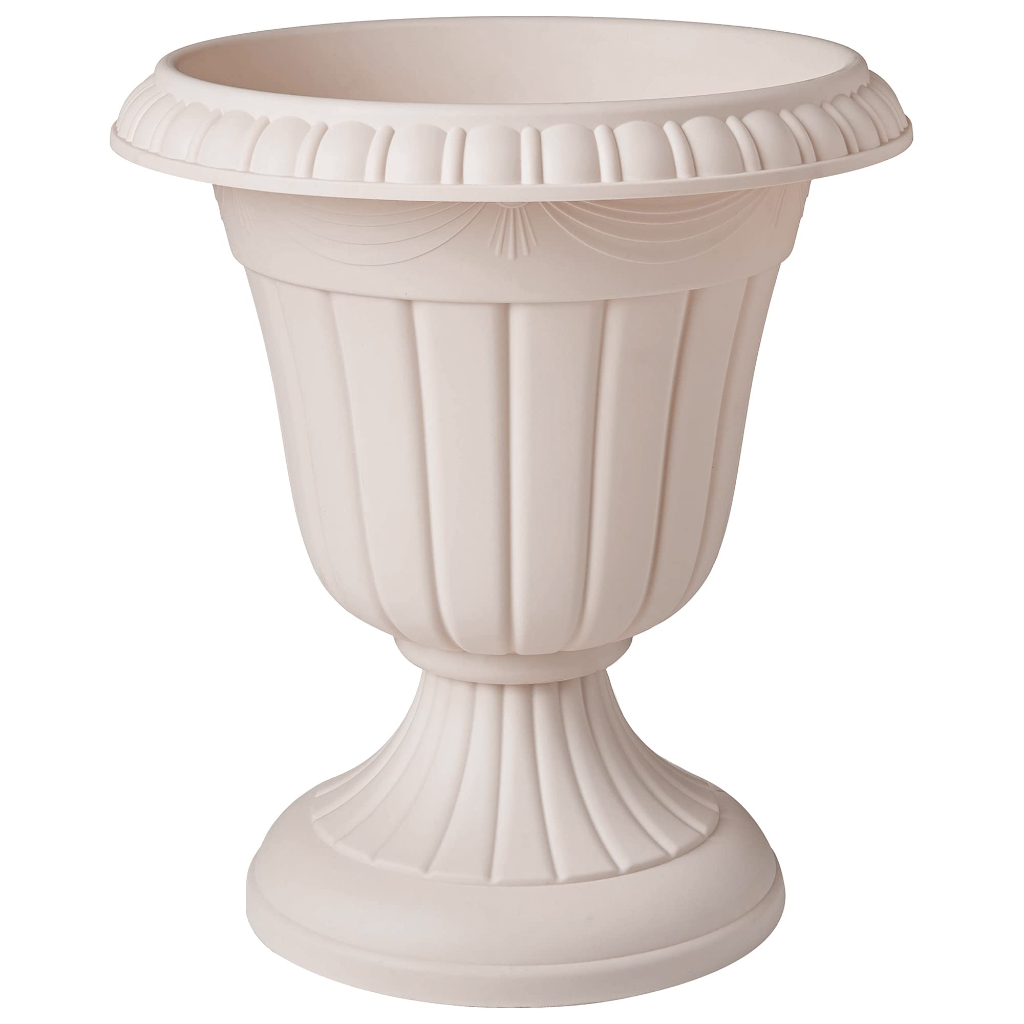 Side view of Arcadia Garden Products taupe urn planter