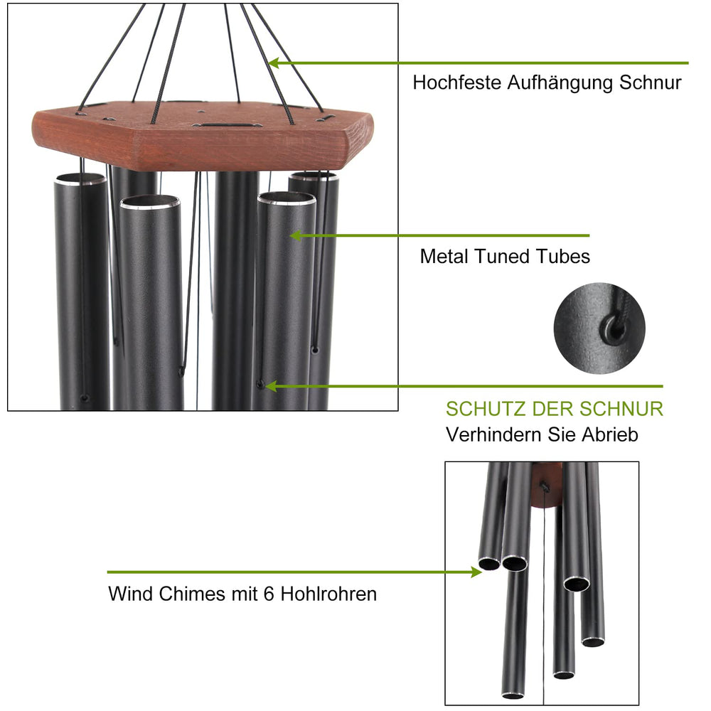 Side view of ASTARIN black wind chime with nylon cord